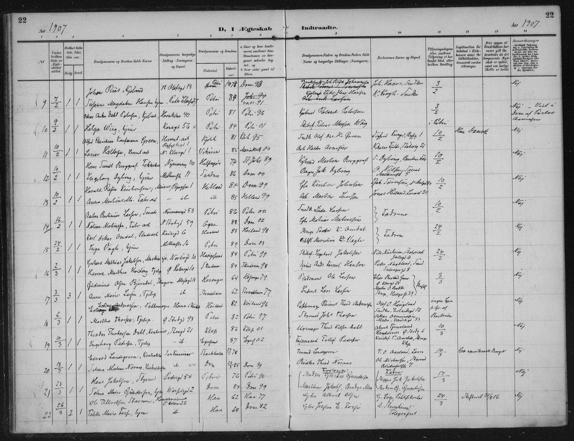 Domkirken sokneprestkontor, SAST/A-101812/002/A/L0016: Parish register (official) no. A 33, 1905-1922, p. 22