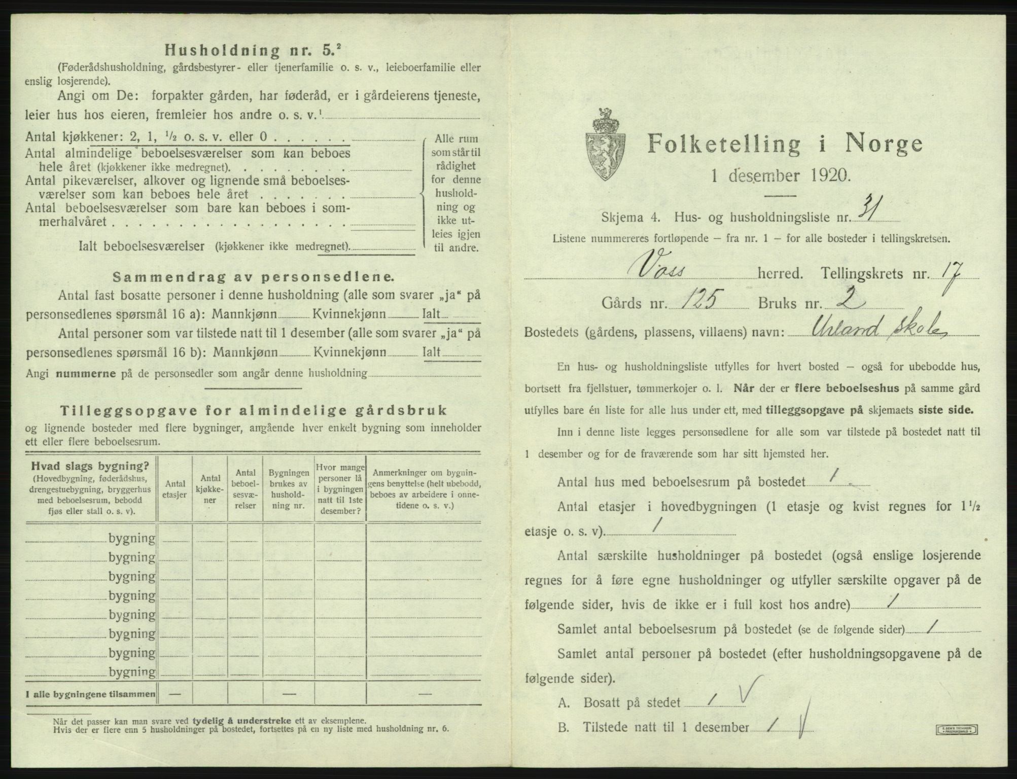 SAB, 1920 census for Voss, 1920, p. 1677