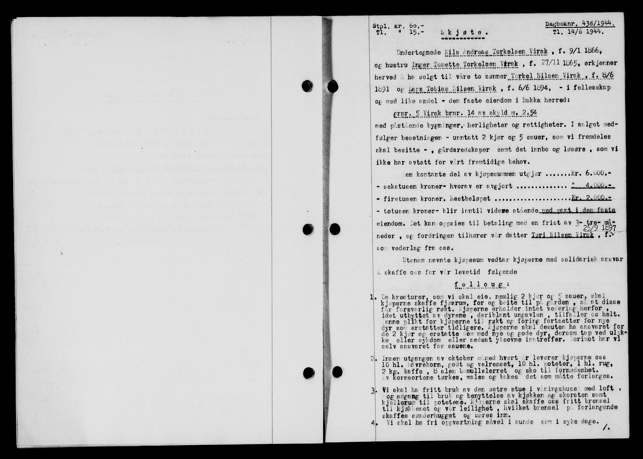 Flekkefjord sorenskriveri, SAK/1221-0001/G/Gb/Gba/L0059: Mortgage book no. A-7, 1944-1945, Diary no: : 438/1944