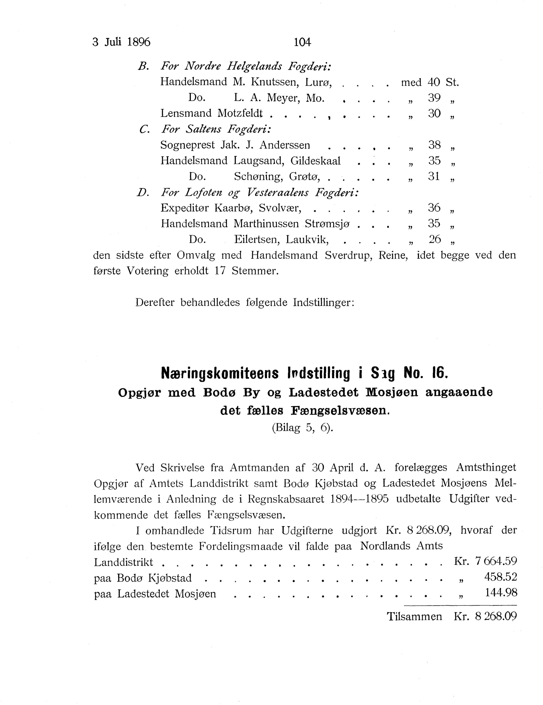 Nordland Fylkeskommune. Fylkestinget, AIN/NFK-17/176/A/Ac/L0019: Fylkestingsforhandlinger 1896, 1896