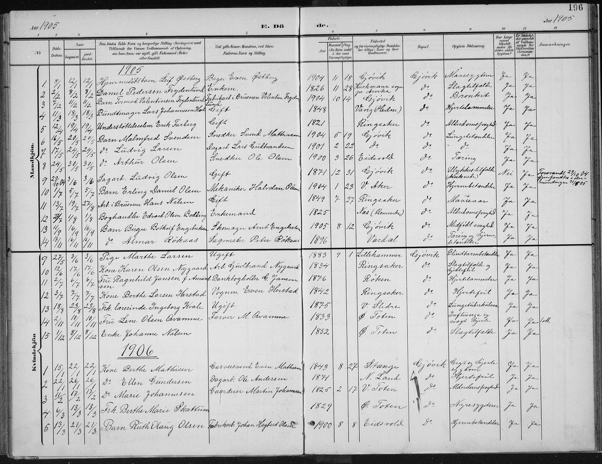 Vardal prestekontor, SAH/PREST-100/H/Ha/Haa/L0013: Parish register (official) no. 13, 1901-1911, p. 196