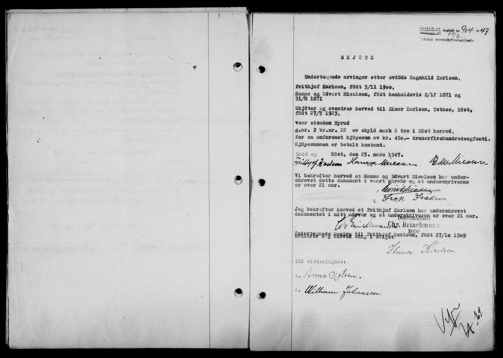 Lofoten sorenskriveri, SAT/A-0017/1/2/2C/L0016a: Mortgage book no. 16a, 1947-1947, Diary no: : 904/1947