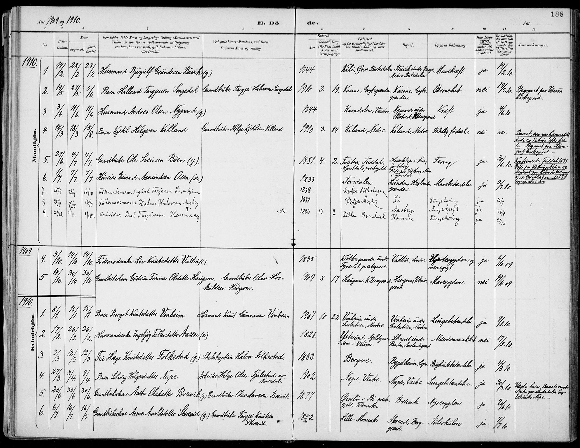 Fyresdal kirkebøker, AV/SAKO-A-263/F/Fa/L0007: Parish register (official) no. I 7, 1887-1914, p. 188