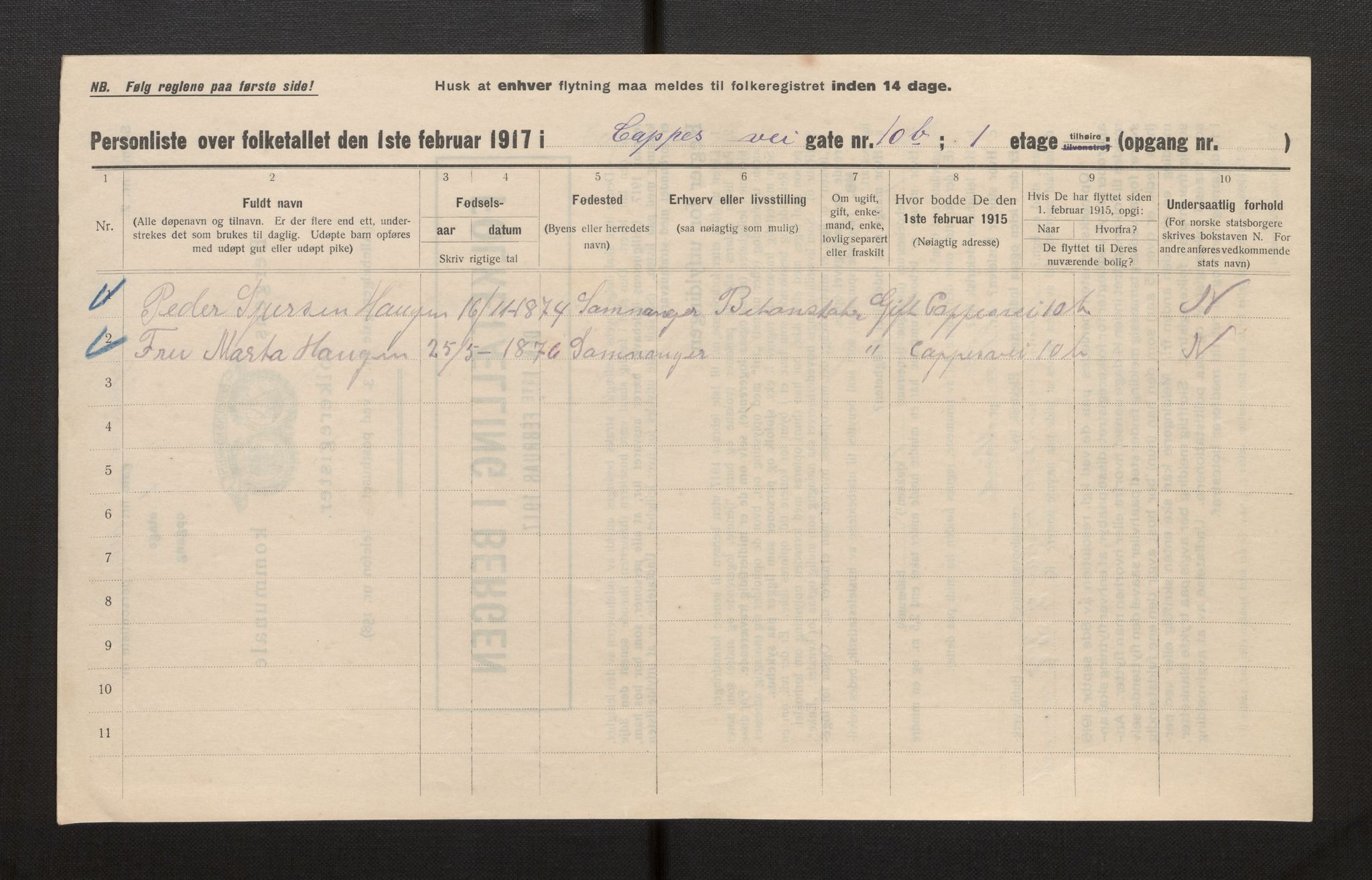 SAB, Municipal Census 1917 for Bergen, 1917, p. 4371