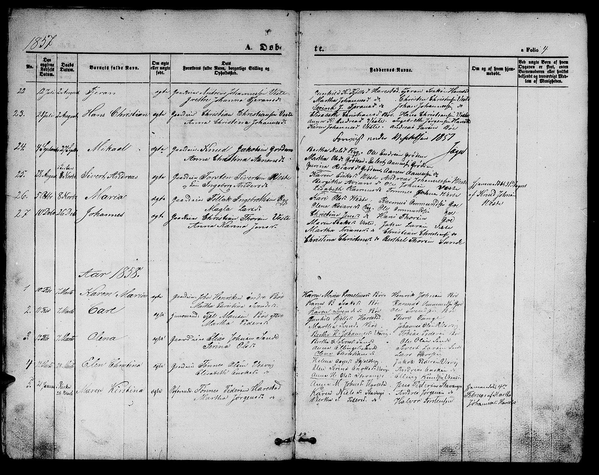 Hetland sokneprestkontor, SAST/A-101826/30/30BB/L0002: Parish register (copy) no. B 2, 1856-1891, p. 4