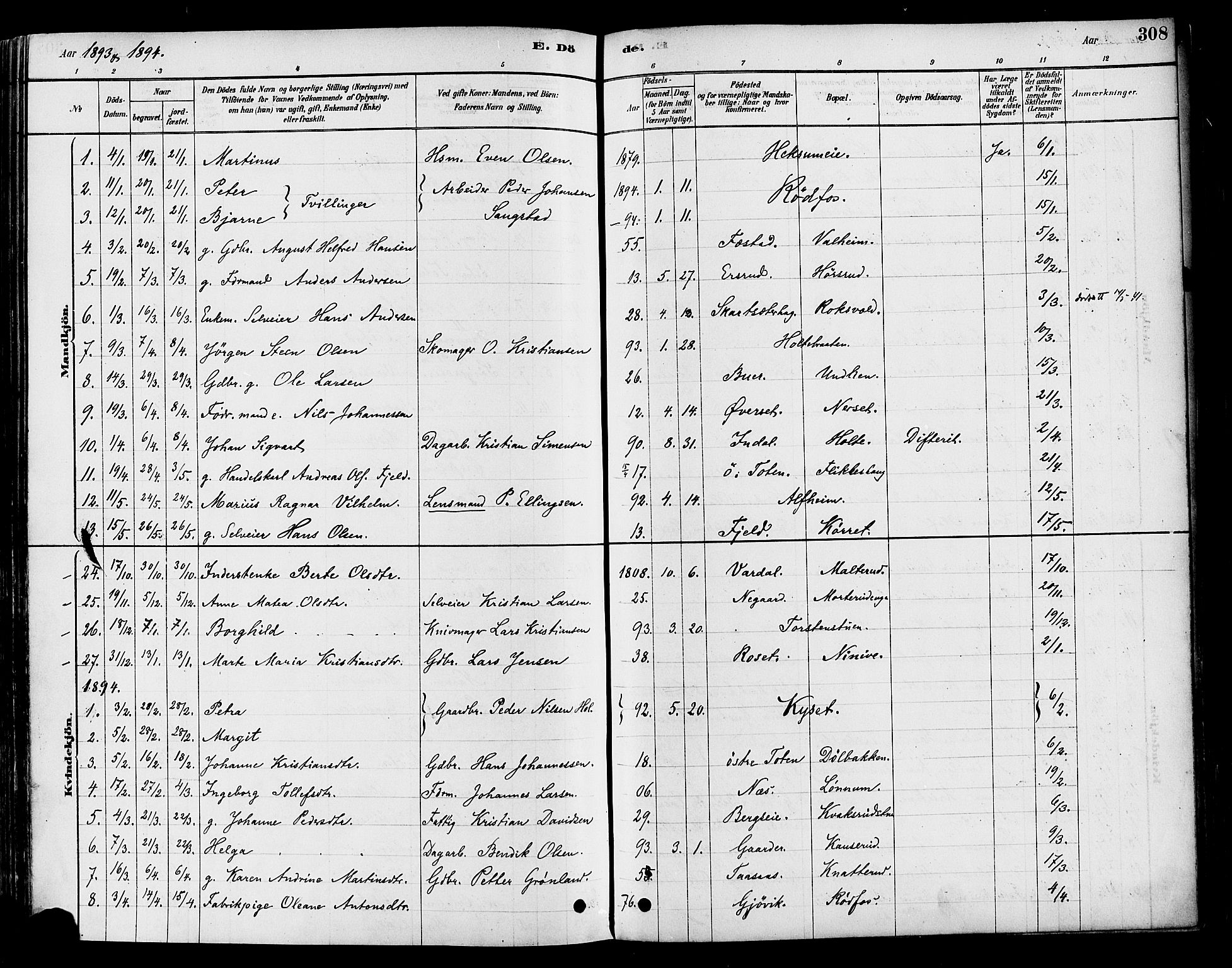 Vestre Toten prestekontor, SAH/PREST-108/H/Ha/Haa/L0009: Parish register (official) no. 9, 1878-1894, p. 308