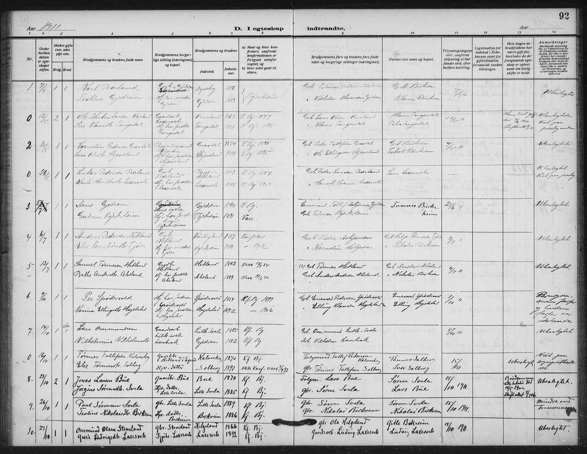 Helleland sokneprestkontor, SAST/A-101810: Parish register (official) no. A 11, 1909-1922, p. 92