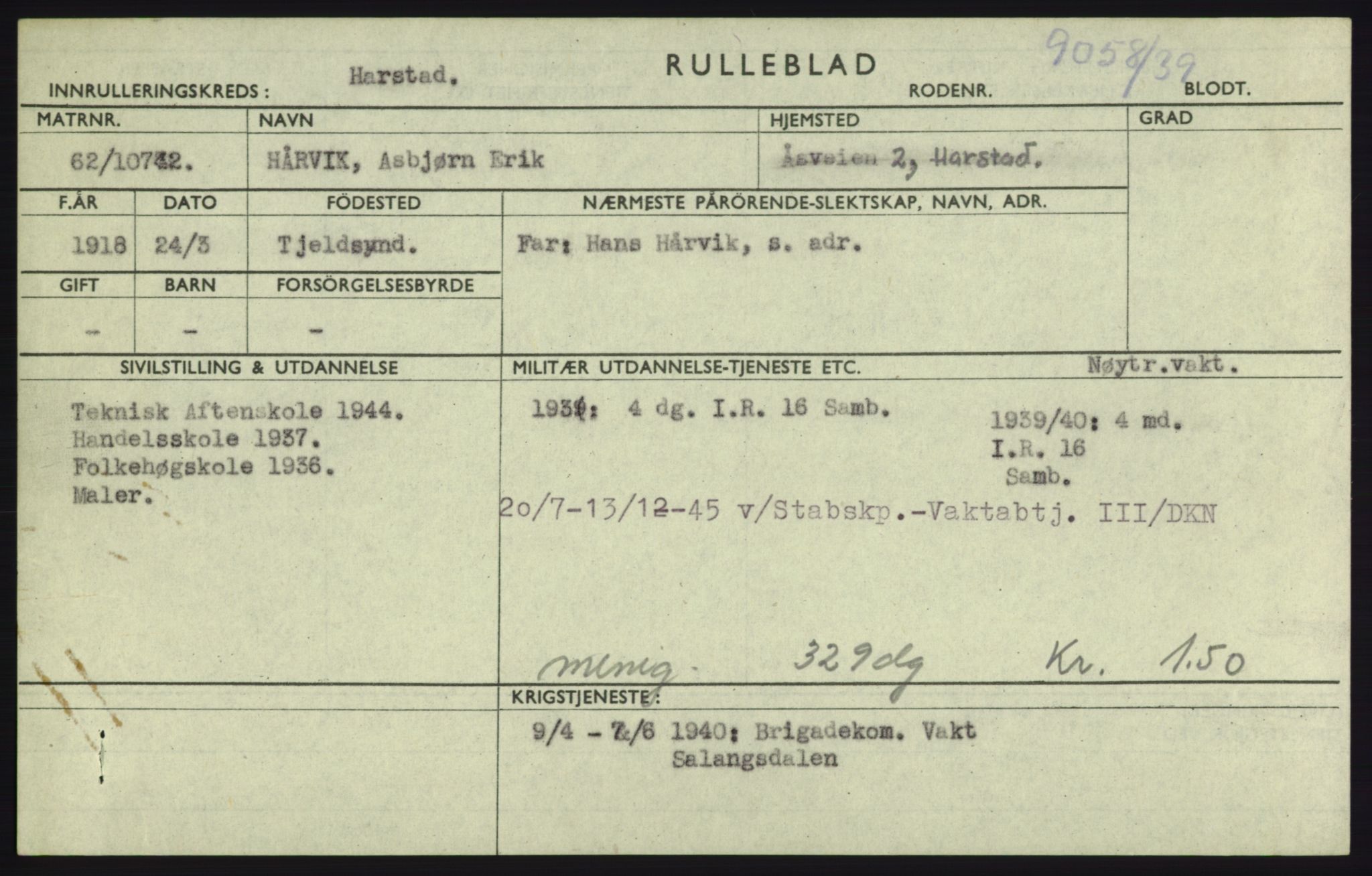 Forsvaret, Troms infanteriregiment nr. 16, AV/RA-RAFA-3146/P/Pa/L0023: Rulleblad for regimentets menige mannskaper, årsklasse 1939, 1939, p. 455