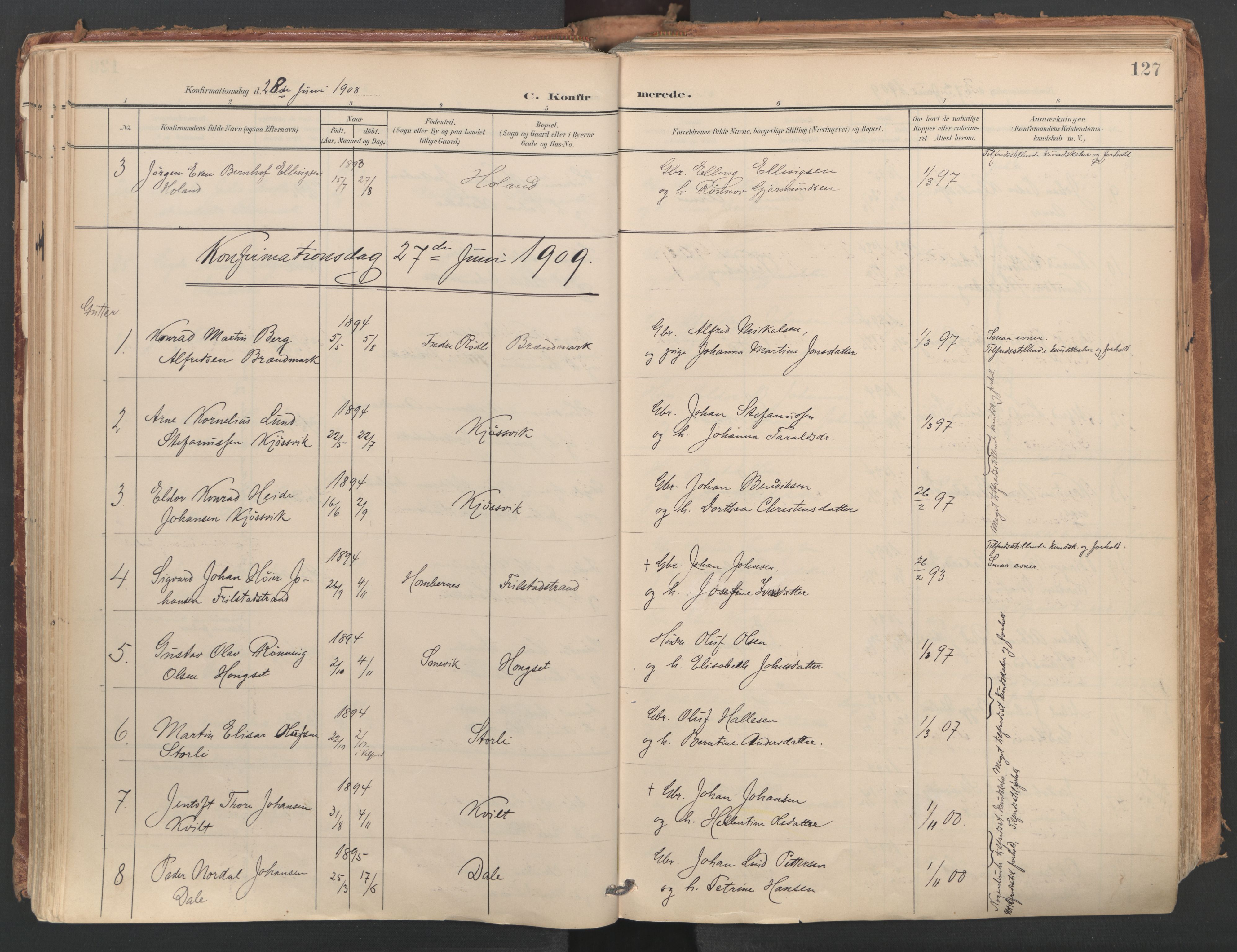 Ministerialprotokoller, klokkerbøker og fødselsregistre - Nordland, SAT/A-1459/812/L0180: Parish register (official) no. 812A09, 1901-1915, p. 127
