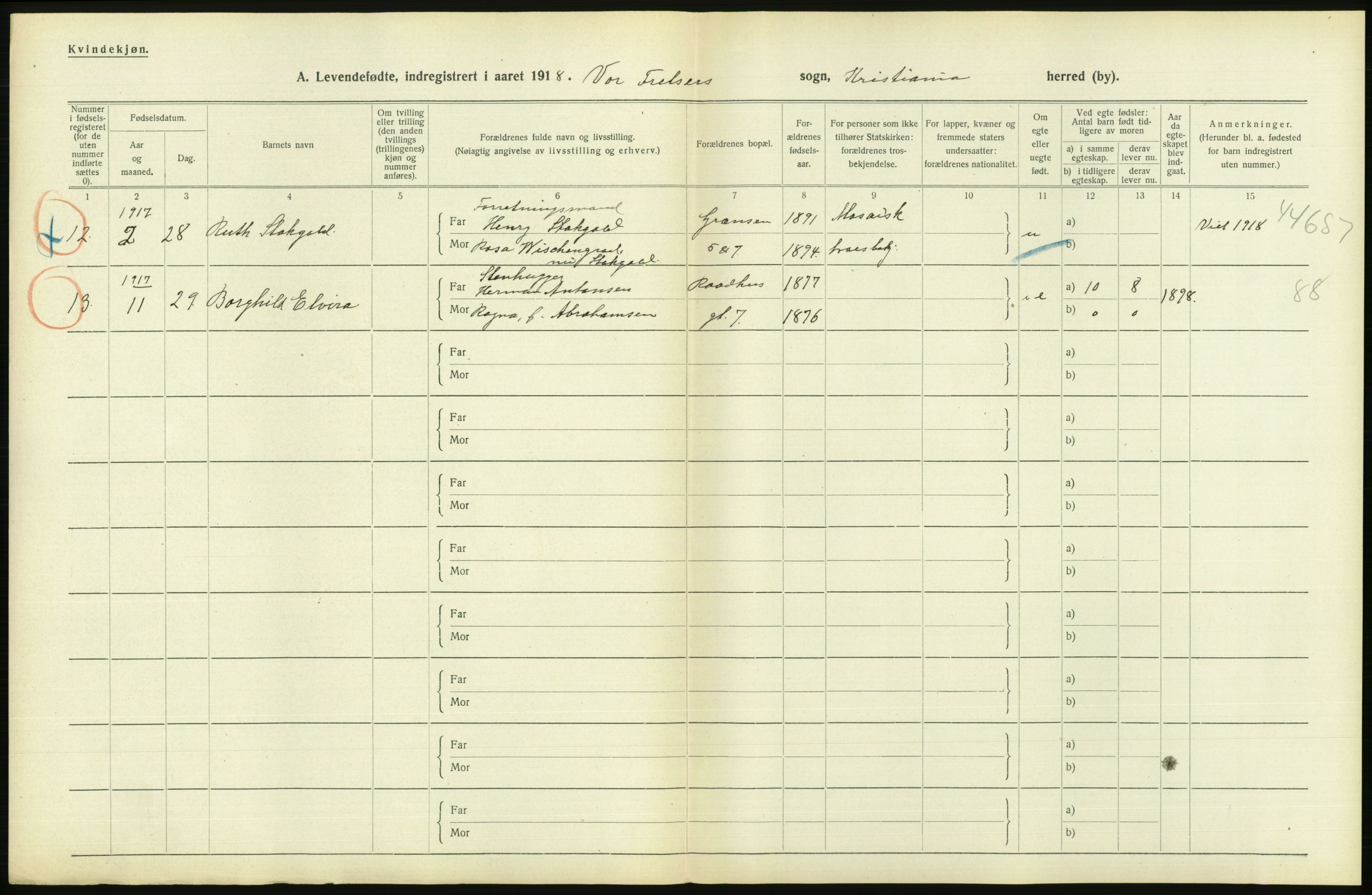 Statistisk sentralbyrå, Sosiodemografiske emner, Befolkning, AV/RA-S-2228/D/Df/Dfb/Dfbh/L0008: Kristiania: Levendefødte menn og kvinner., 1918, p. 14
