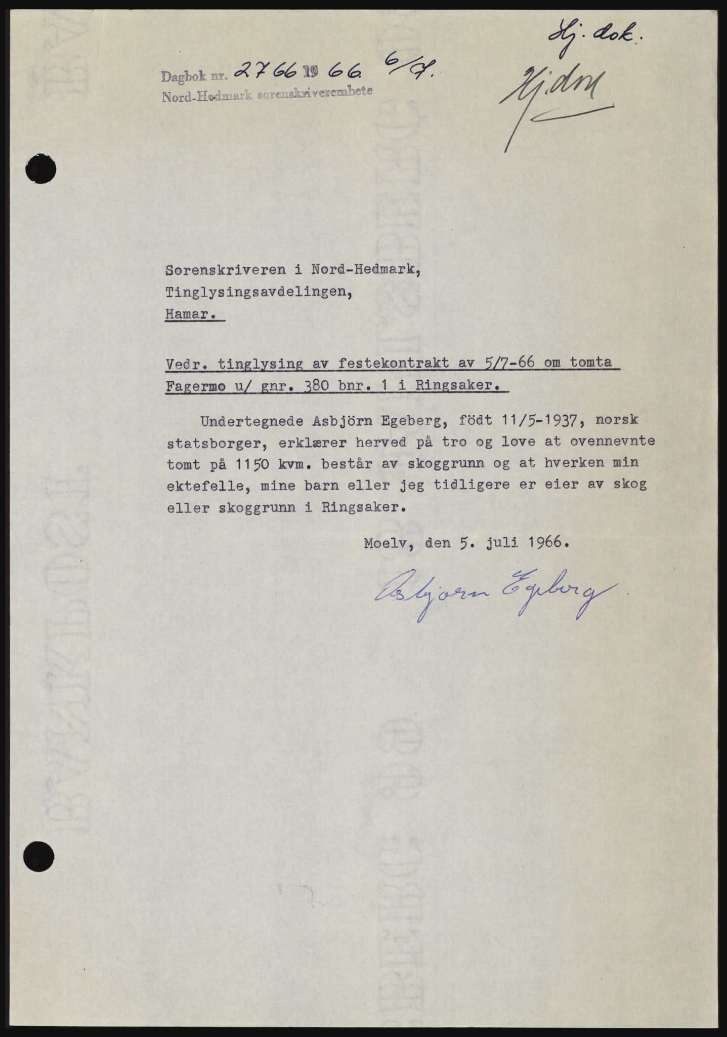 Nord-Hedmark sorenskriveri, AV/SAH-TING-012/H/Hc/L0024: Mortgage book no. 24, 1966-1966, Diary no: : 2766/1966