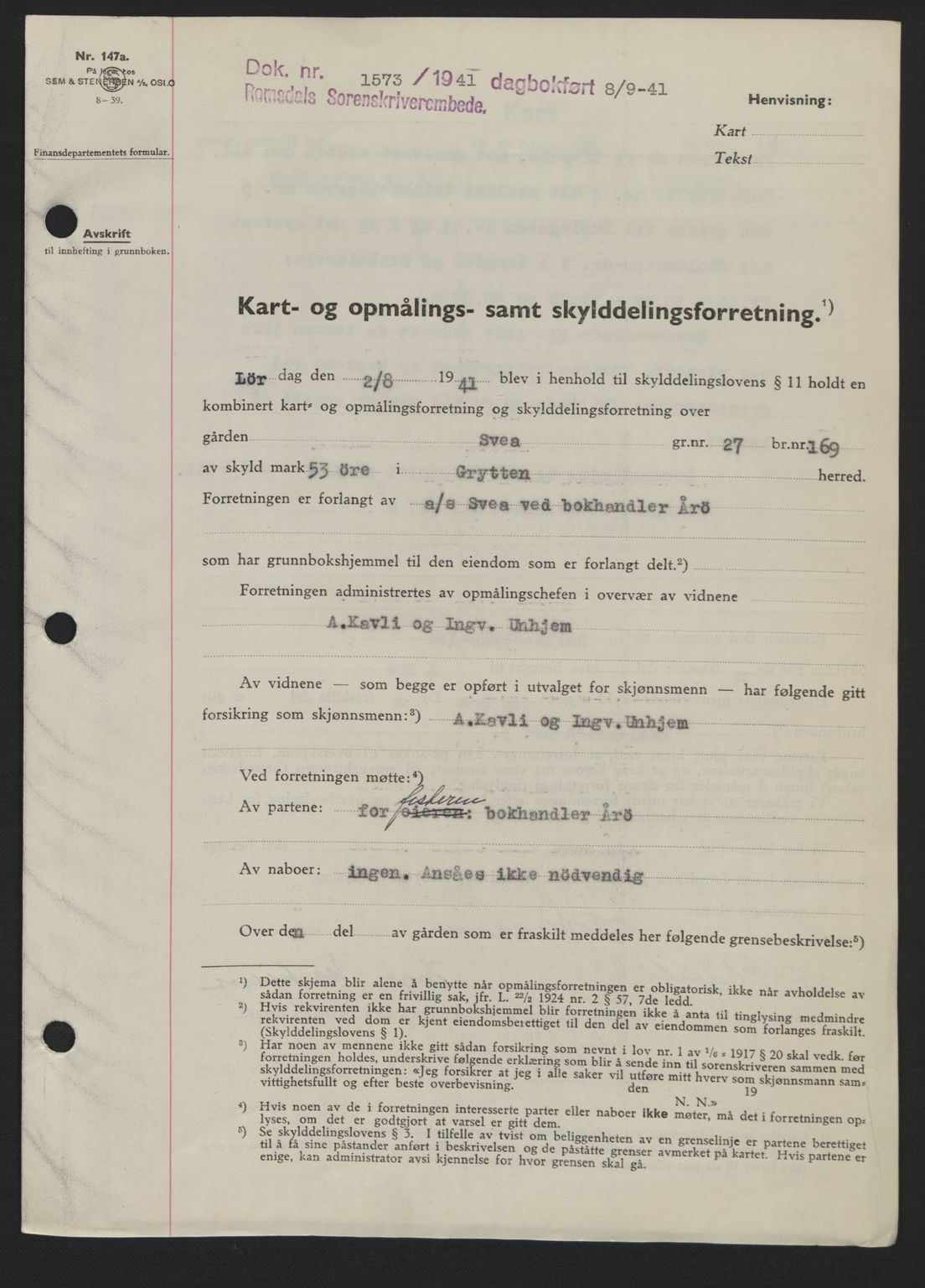 Romsdal sorenskriveri, AV/SAT-A-4149/1/2/2C: Mortgage book no. A10, 1941-1941, Diary no: : 1573/1941