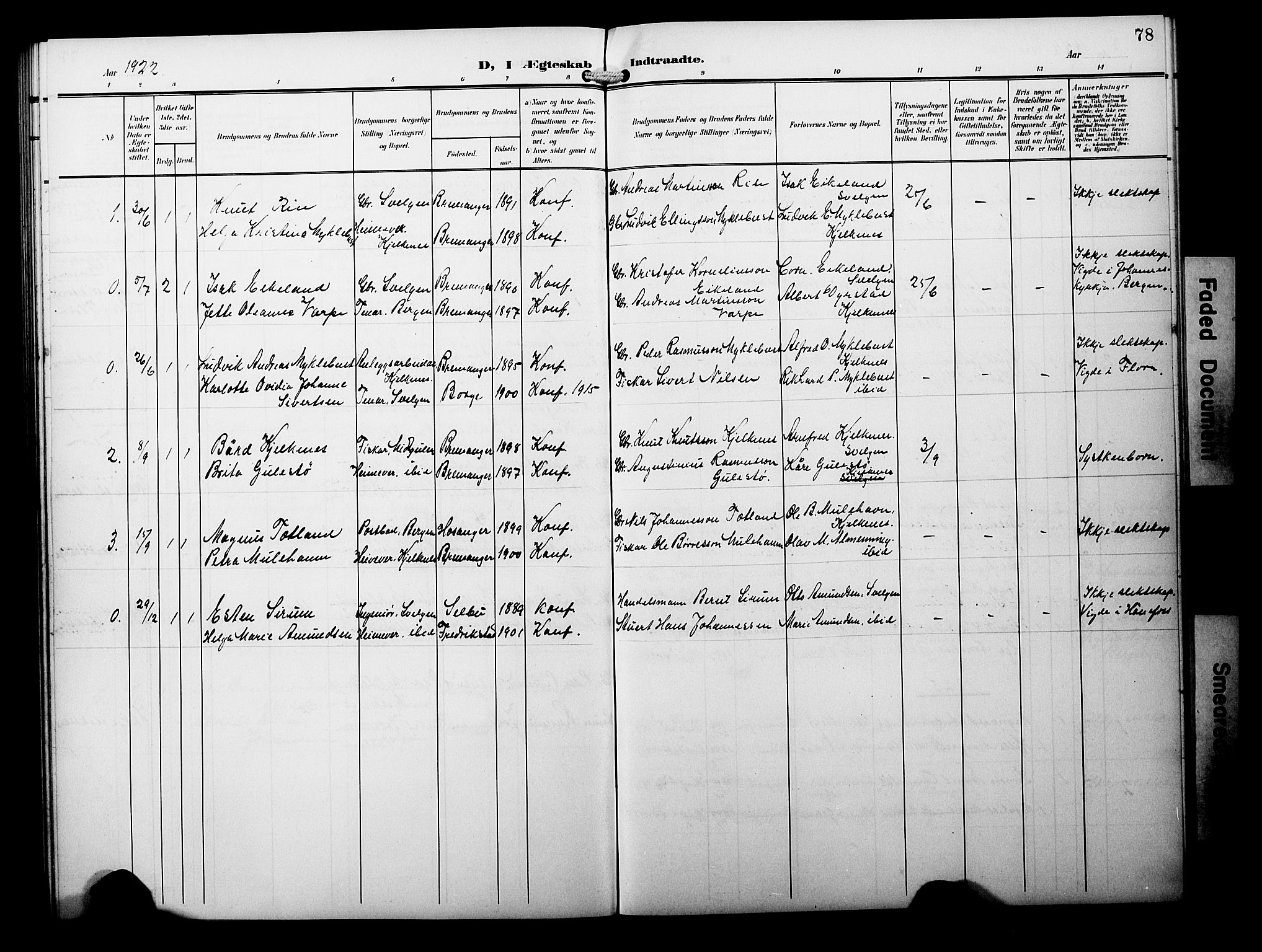 Davik sokneprestembete, AV/SAB-A-79701/H/Hab/Habb/L0001: Parish register (copy) no. B 1, 1903-1928, p. 78