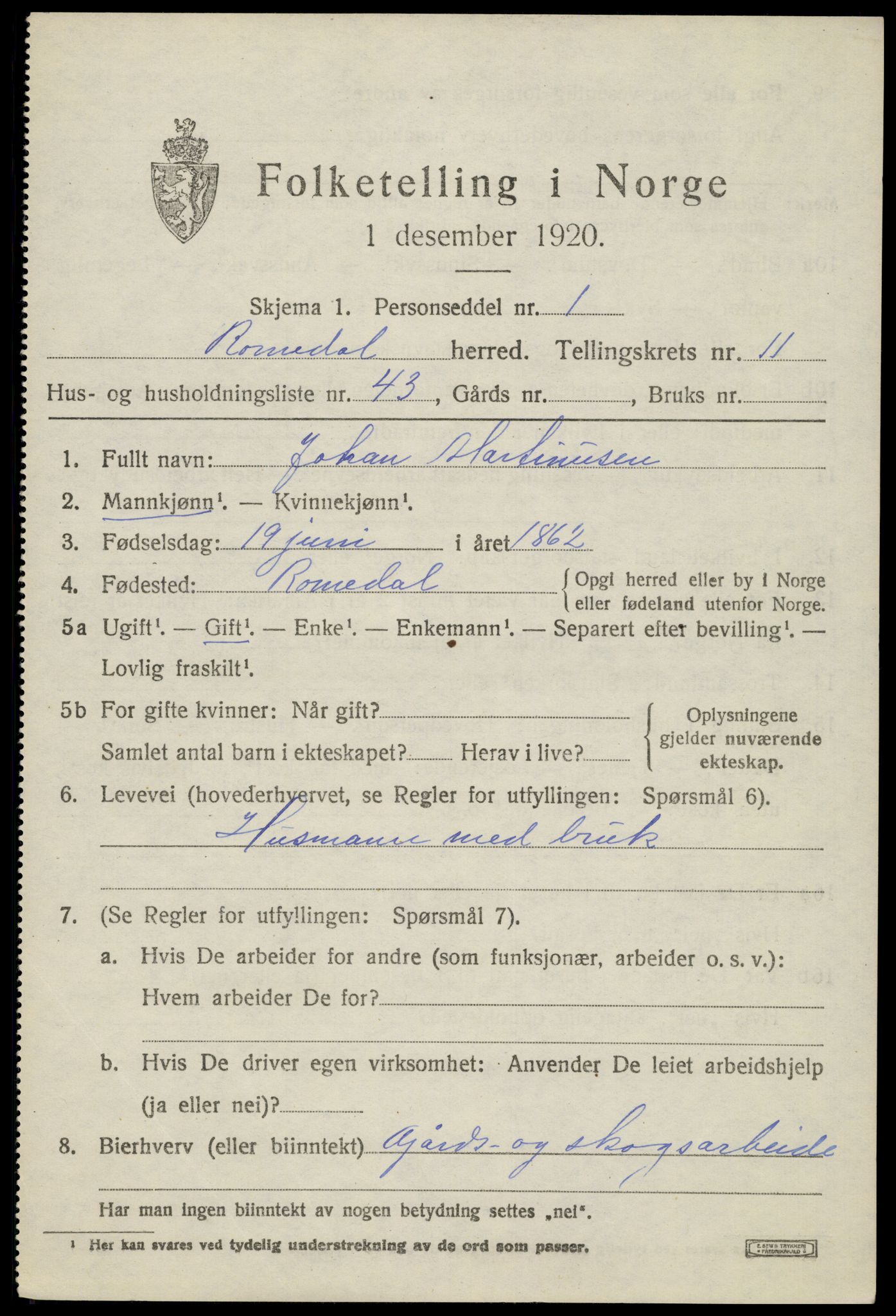 SAH, 1920 census for Romedal, 1920, p. 12581