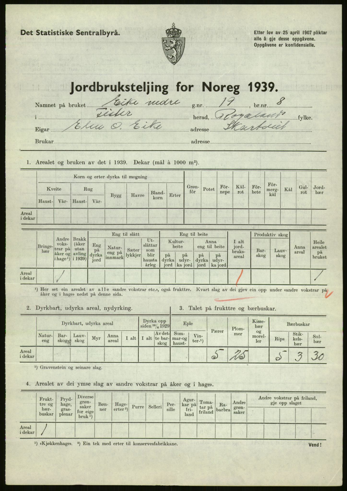 Statistisk sentralbyrå, Næringsøkonomiske emner, Jordbruk, skogbruk, jakt, fiske og fangst, AV/RA-S-2234/G/Gb/L0184: Rogaland: Årdal, Fister og Hjelmeland, 1939, p. 73