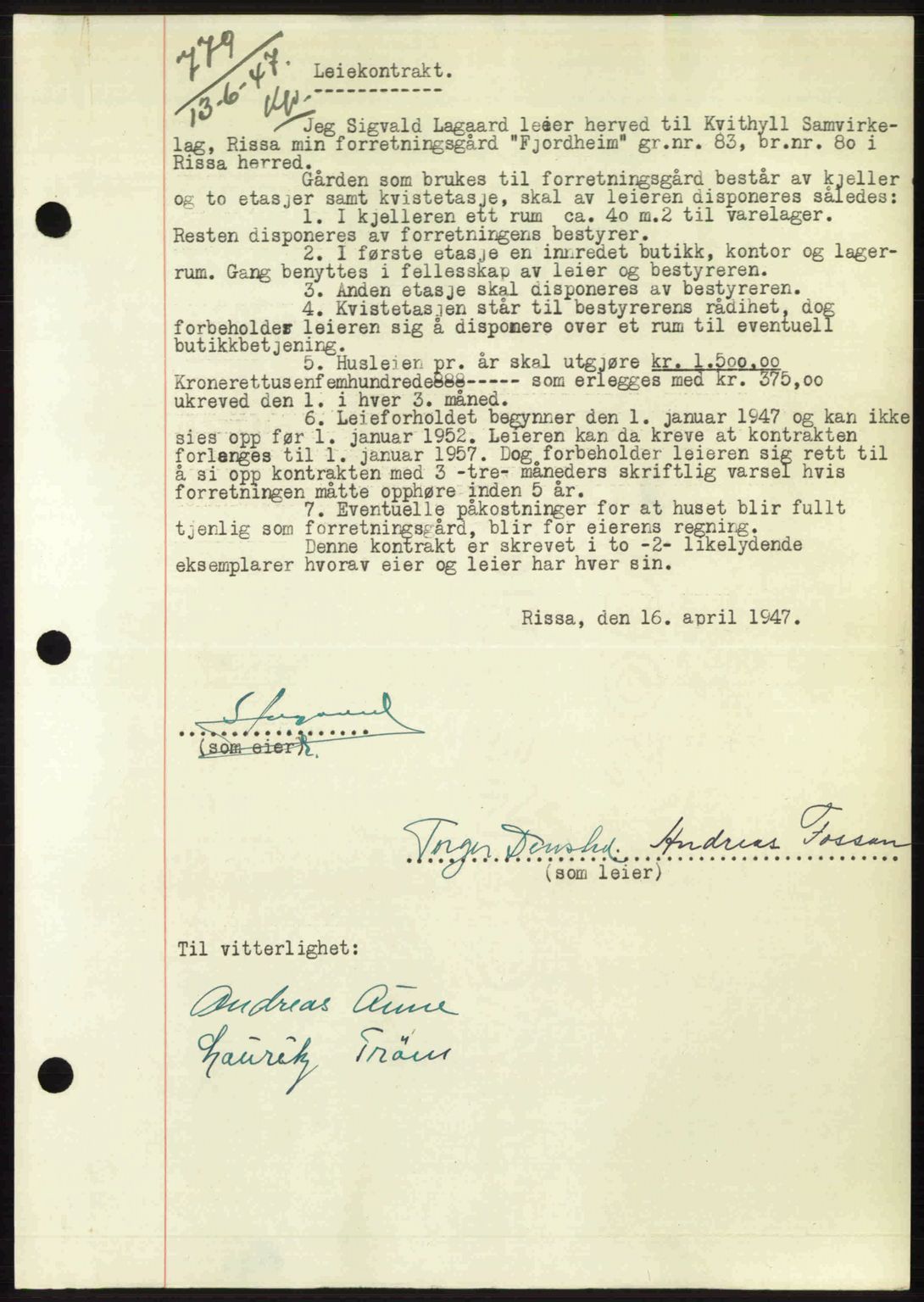 Fosen sorenskriveri, AV/SAT-A-1107/1/2/2C: Mortgage book no. A4-6, 1946-1947, Diary no: : 779/1947