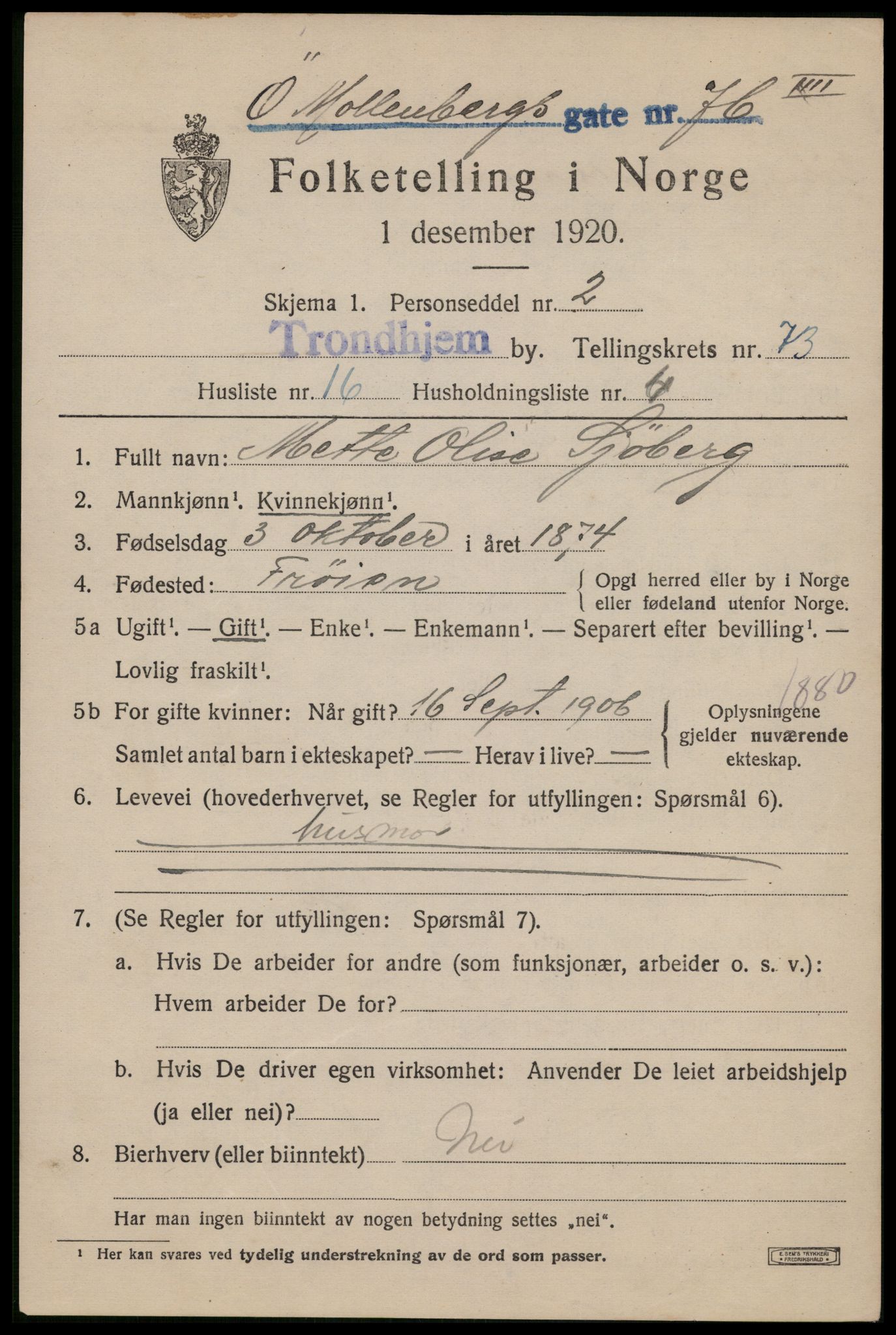 SAT, 1920 census for Trondheim, 1920, p. 143766