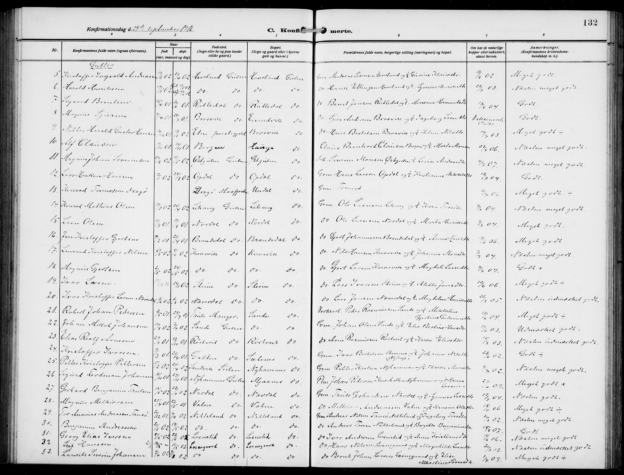 Gulen sokneprestembete, AV/SAB-A-80201/H/Hab/Habb/L0004: Parish register (copy) no. B 4, 1908-1936, p. 132