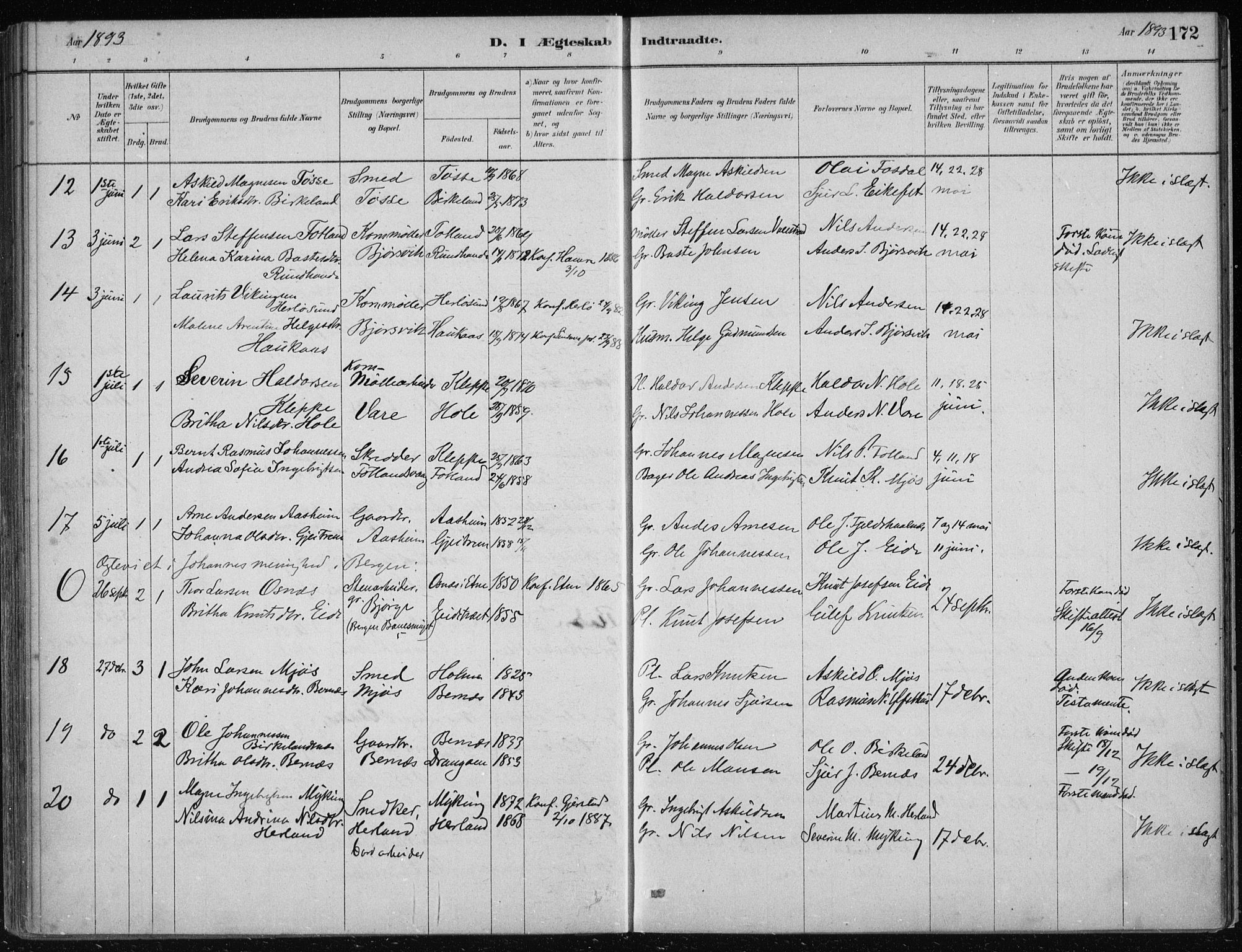 Hosanger sokneprestembete, AV/SAB-A-75801/H/Haa: Parish register (official) no. B  1, 1880-1896, p. 172