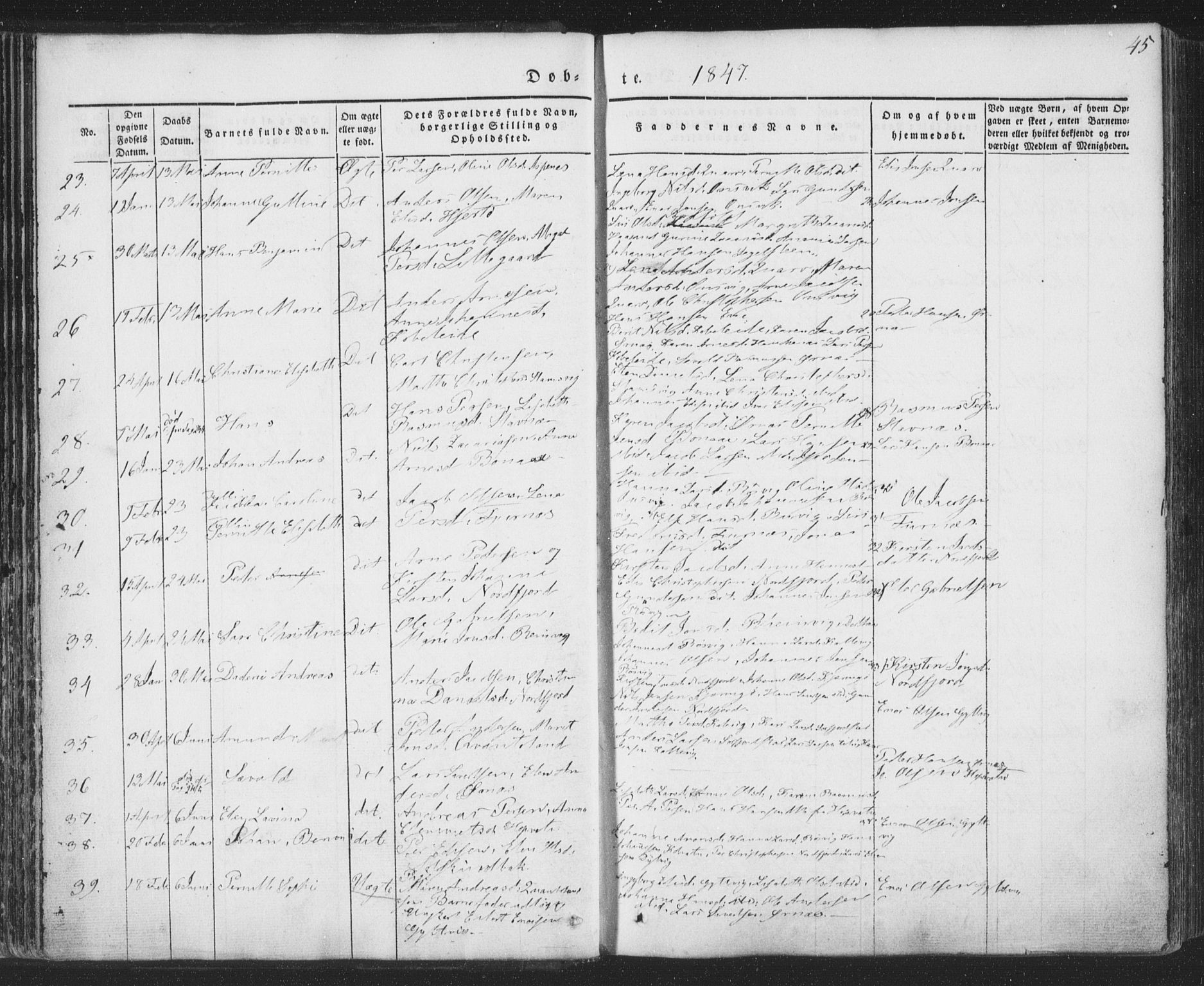 Ministerialprotokoller, klokkerbøker og fødselsregistre - Nordland, AV/SAT-A-1459/853/L0769: Parish register (official) no. 853A08, 1836-1856, p. 45