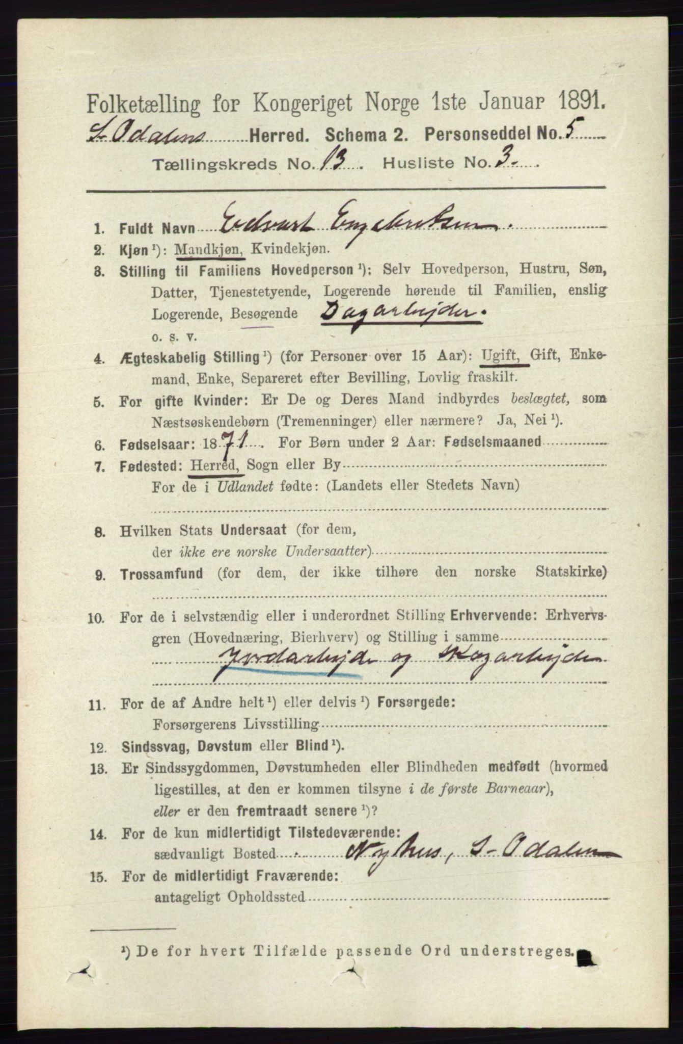 RA, 1891 census for 0419 Sør-Odal, 1891, p. 5583