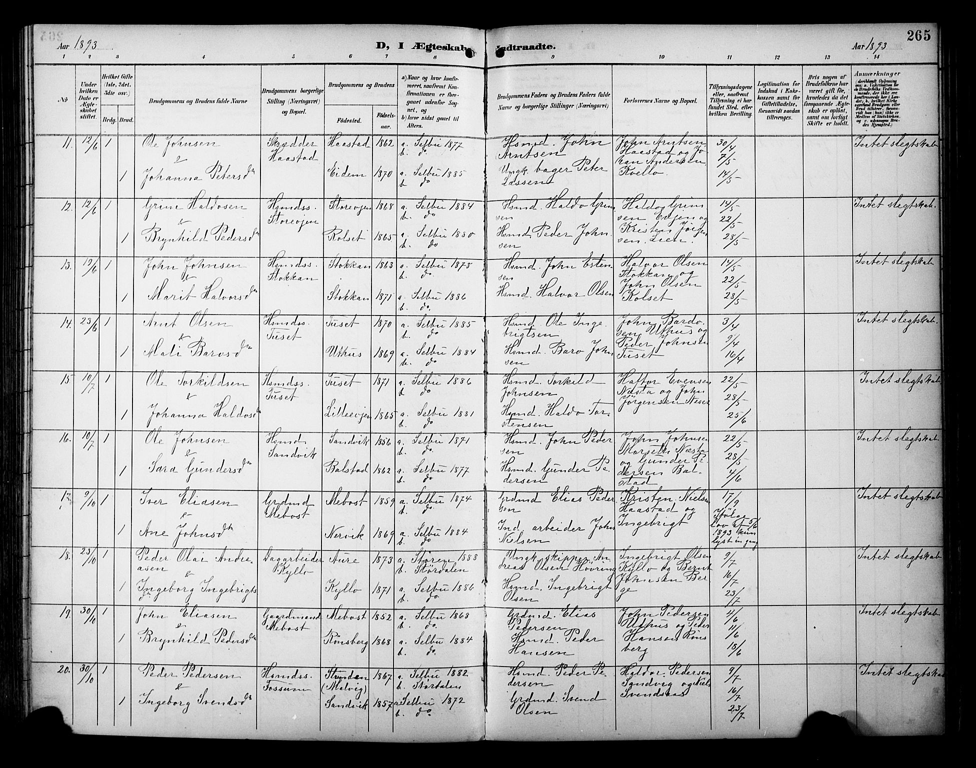 Ministerialprotokoller, klokkerbøker og fødselsregistre - Sør-Trøndelag, AV/SAT-A-1456/695/L1149: Parish register (official) no. 695A09, 1891-1902, p. 265