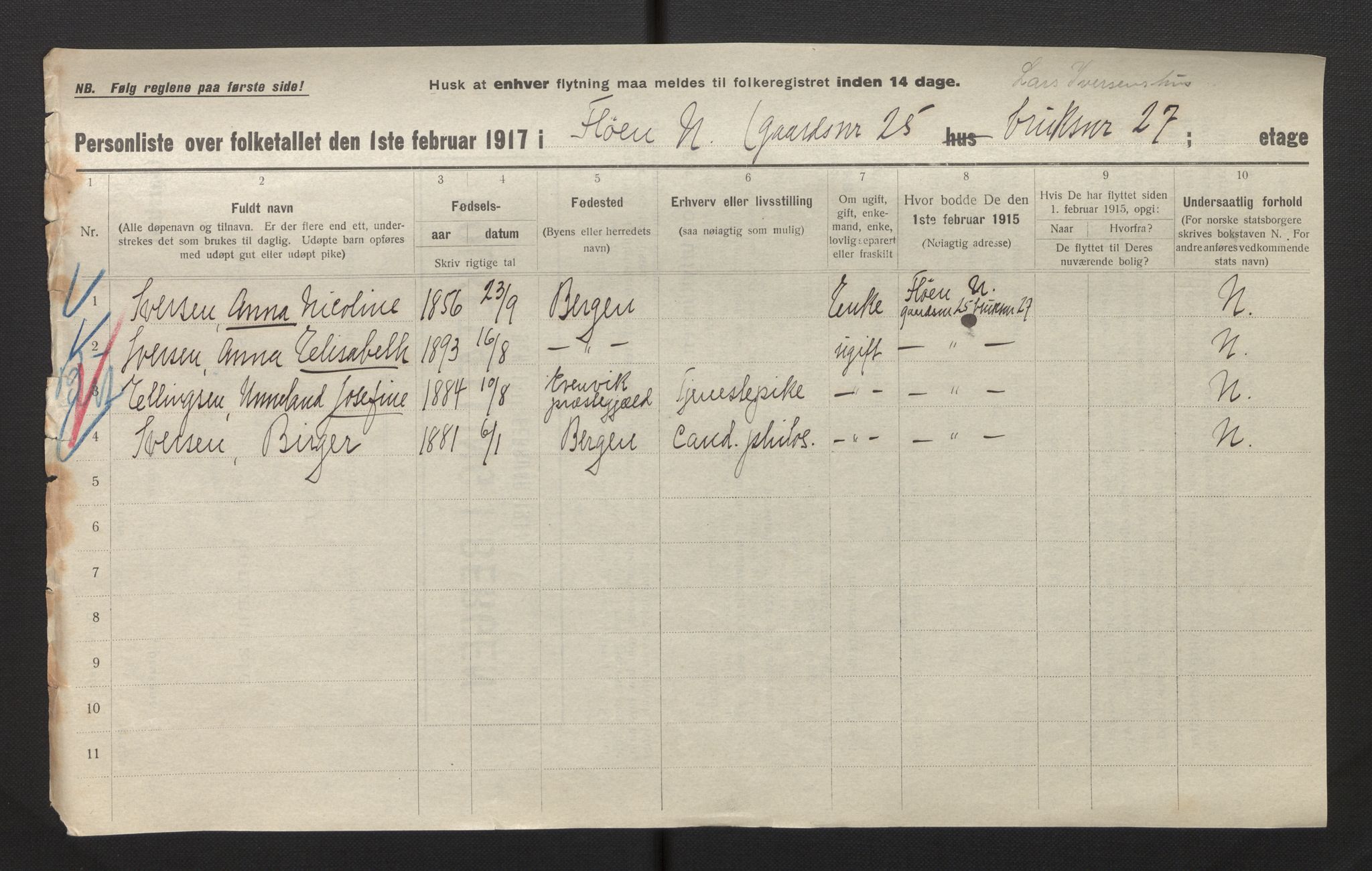 SAB, Municipal Census 1917 for Bergen, 1917, p. 54194