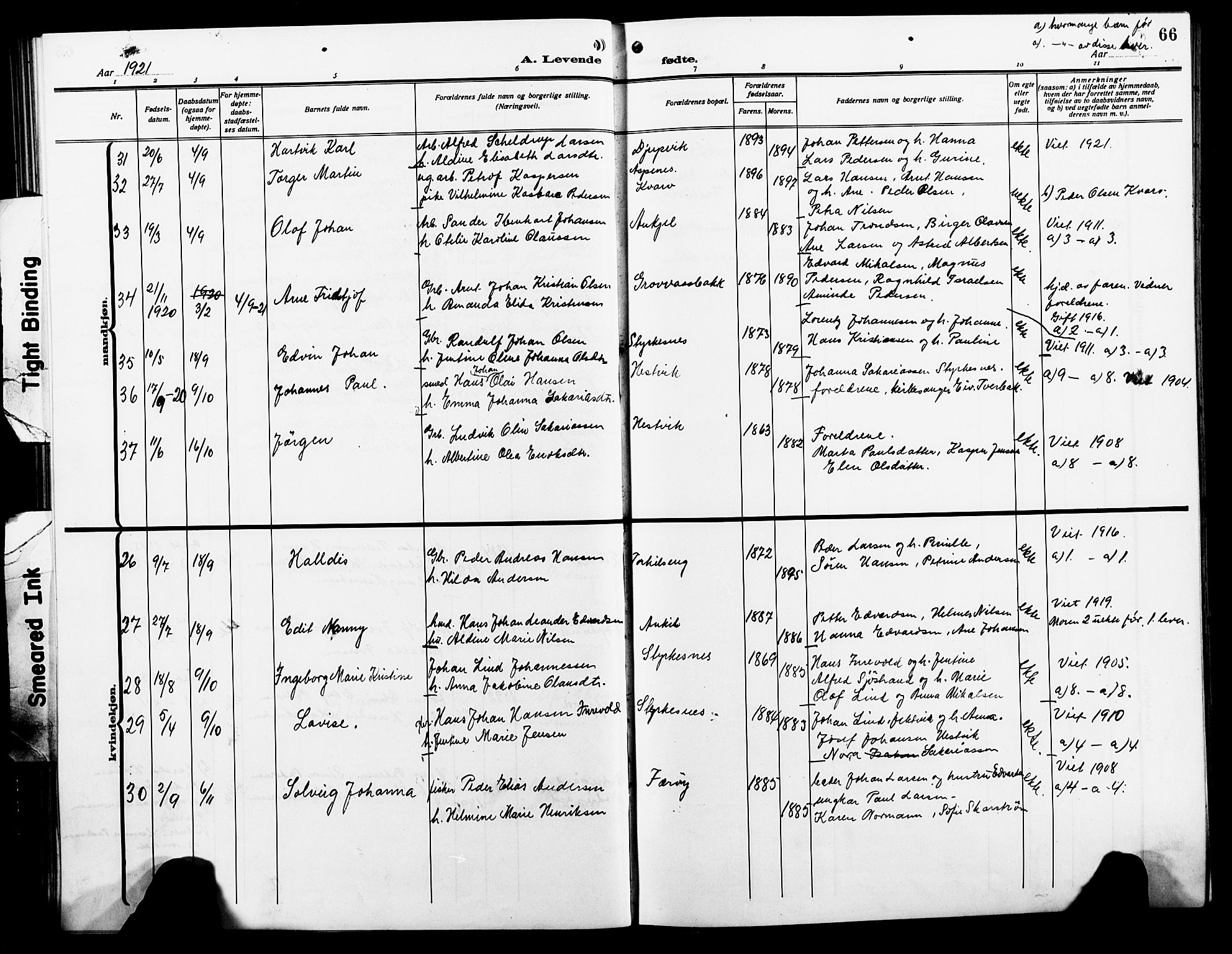 Ministerialprotokoller, klokkerbøker og fødselsregistre - Nordland, AV/SAT-A-1459/854/L0787: Parish register (copy) no. 854C03, 1913-1926, p. 66