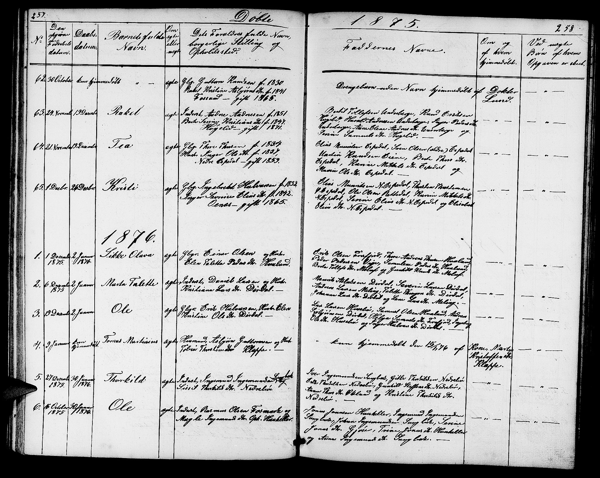 Høgsfjord sokneprestkontor, SAST/A-101624/H/Ha/Hab/L0002: Parish register (copy) no. B 2, 1855-1882, p. 257-258