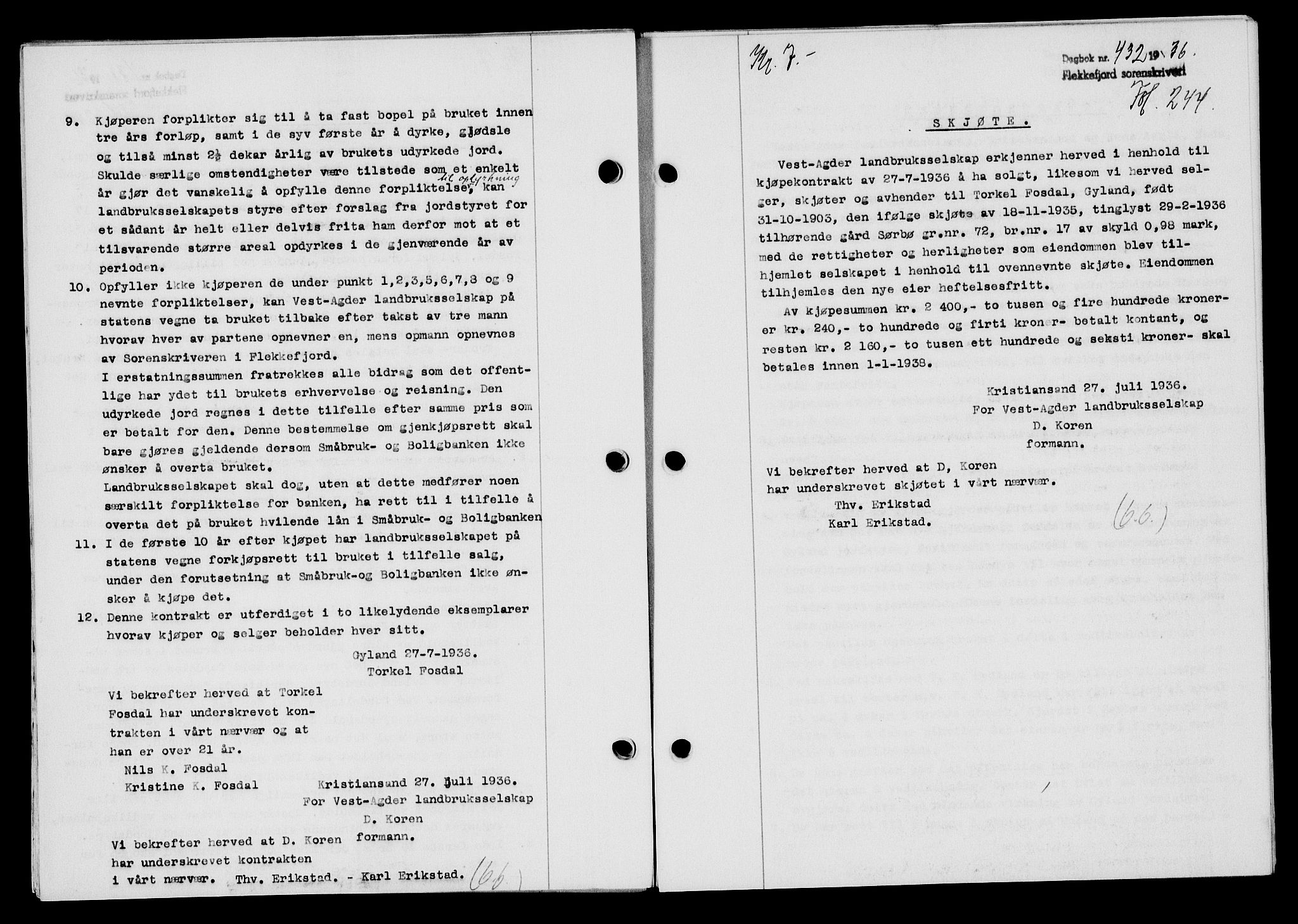 Flekkefjord sorenskriveri, SAK/1221-0001/G/Gb/Gba/L0053: Mortgage book no. A-1, 1936-1937, Diary no: : 432/1936