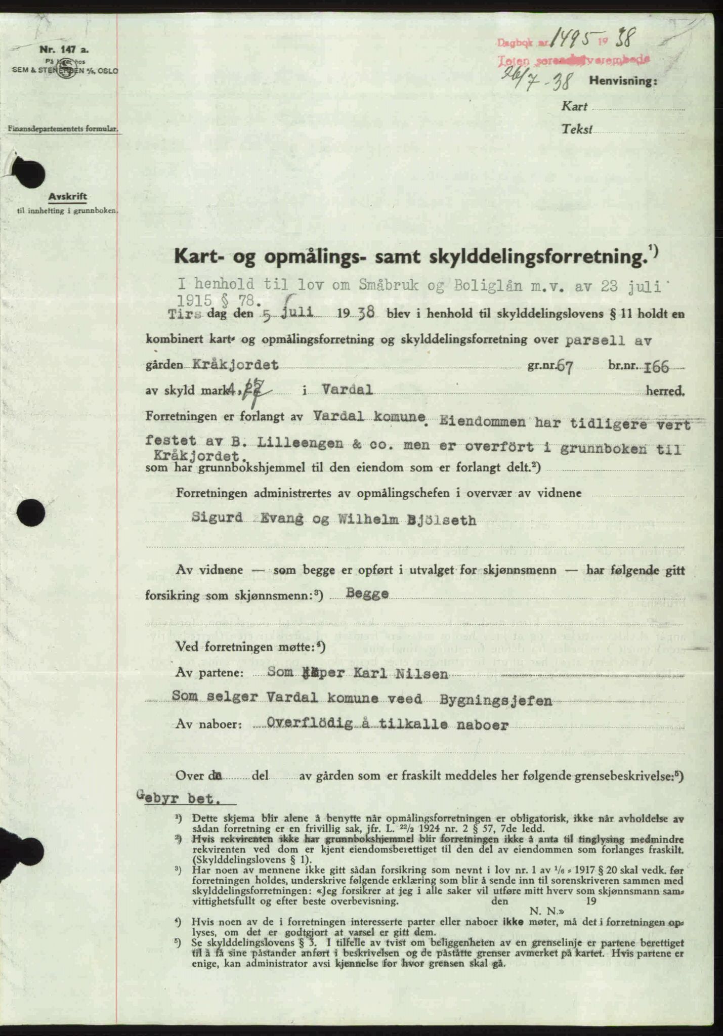 Toten tingrett, SAH/TING-006/H/Hb/Hbc/L0004: Mortgage book no. Hbc-04, 1938-1938, Diary no: : 1495/1938