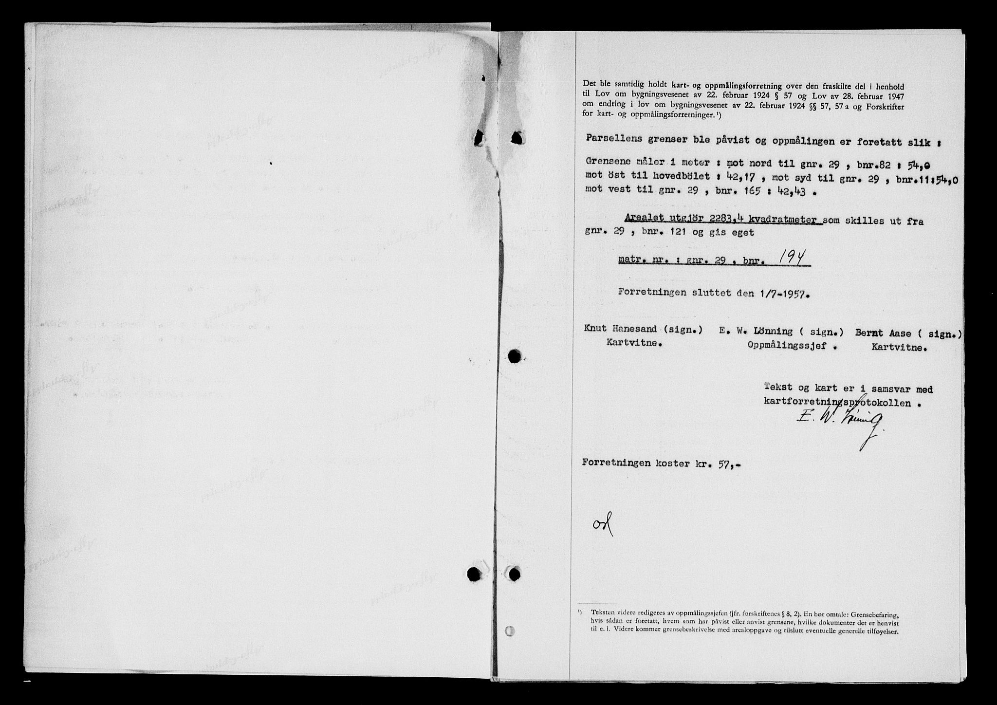 Karmsund sorenskriveri, AV/SAST-A-100311/01/II/IIB/L0125: Mortgage book no. 105A, 1957-1957, Diary no: : 2182/1957