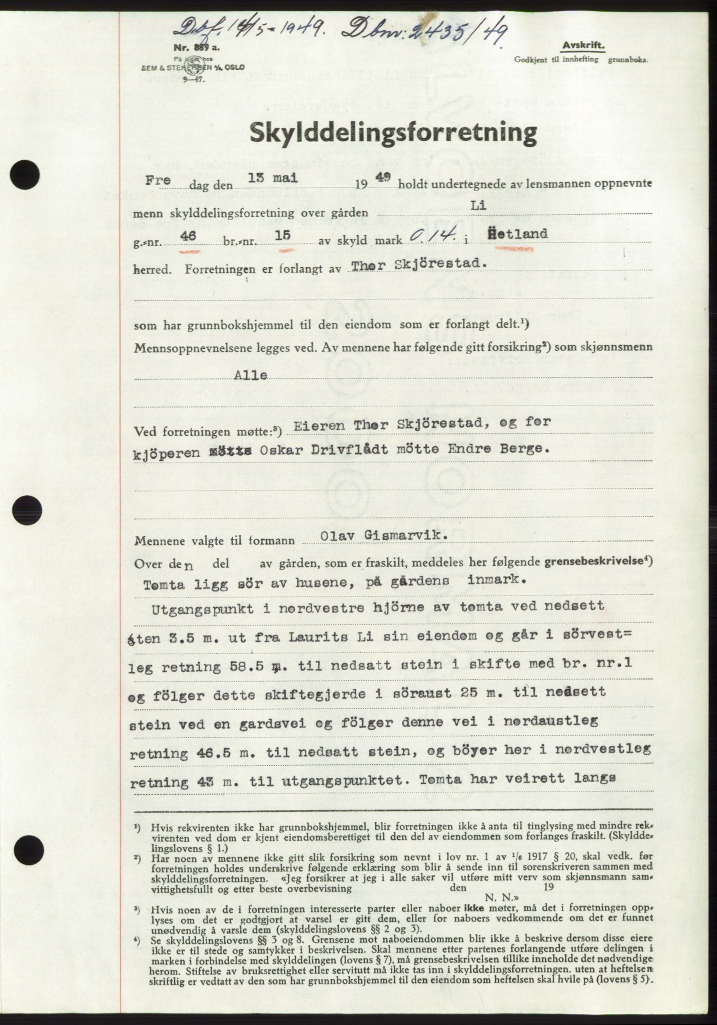 Jæren sorenskriveri, AV/SAST-A-100310/03/G/Gba/L0102: Mortgage book, 1949-1949, Diary no: : 2435/1949