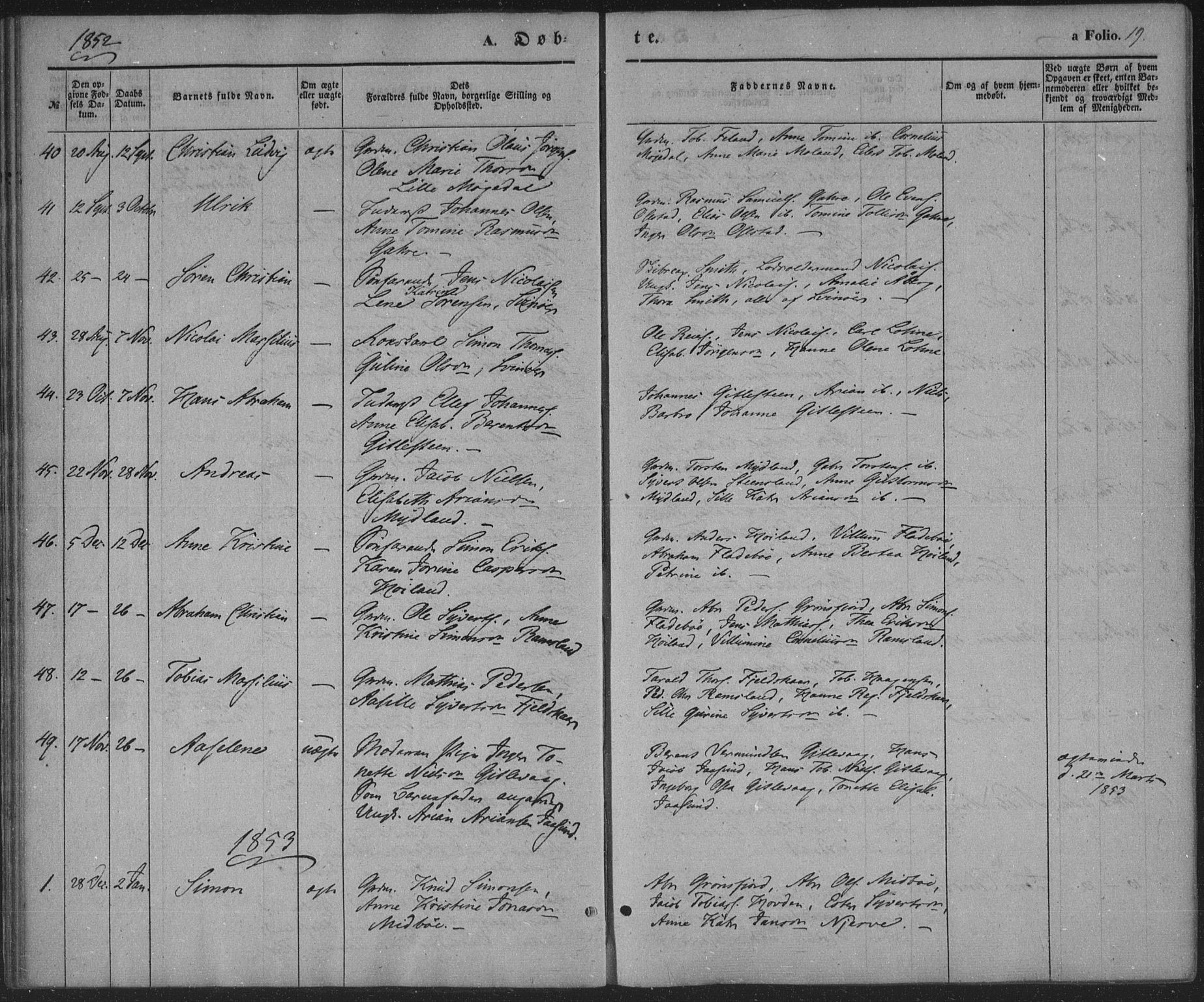 Sør-Audnedal sokneprestkontor, AV/SAK-1111-0039/F/Fa/Faa/L0002: Parish register (official) no. A 2, 1848-1867, p. 19