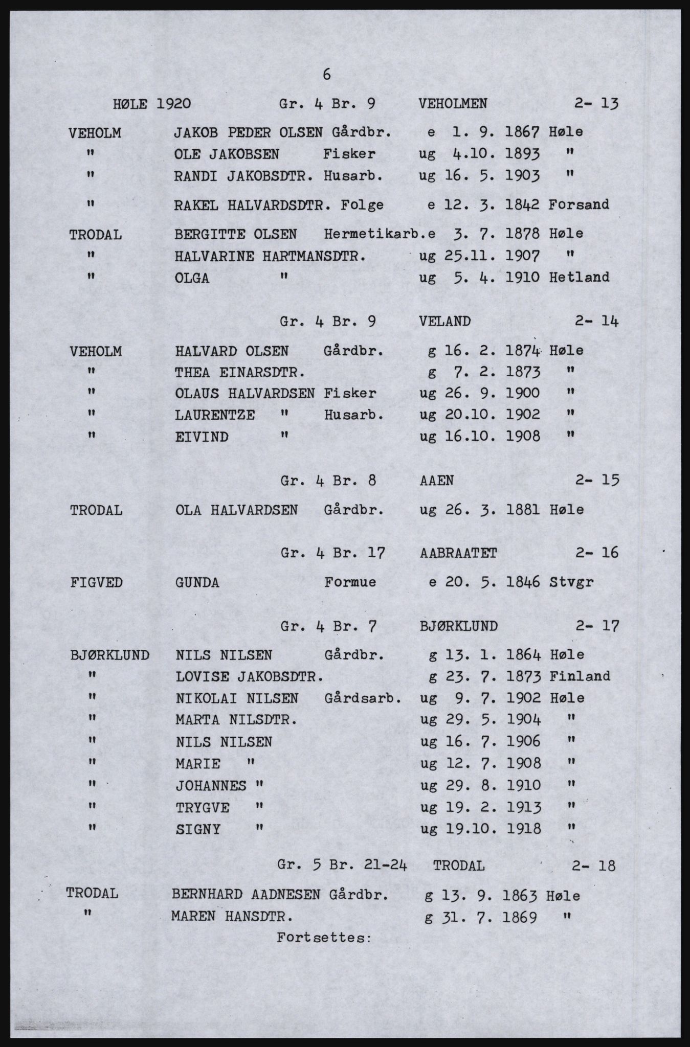 SAST, Copy of 1920 census for Høle, 1920, p. 46