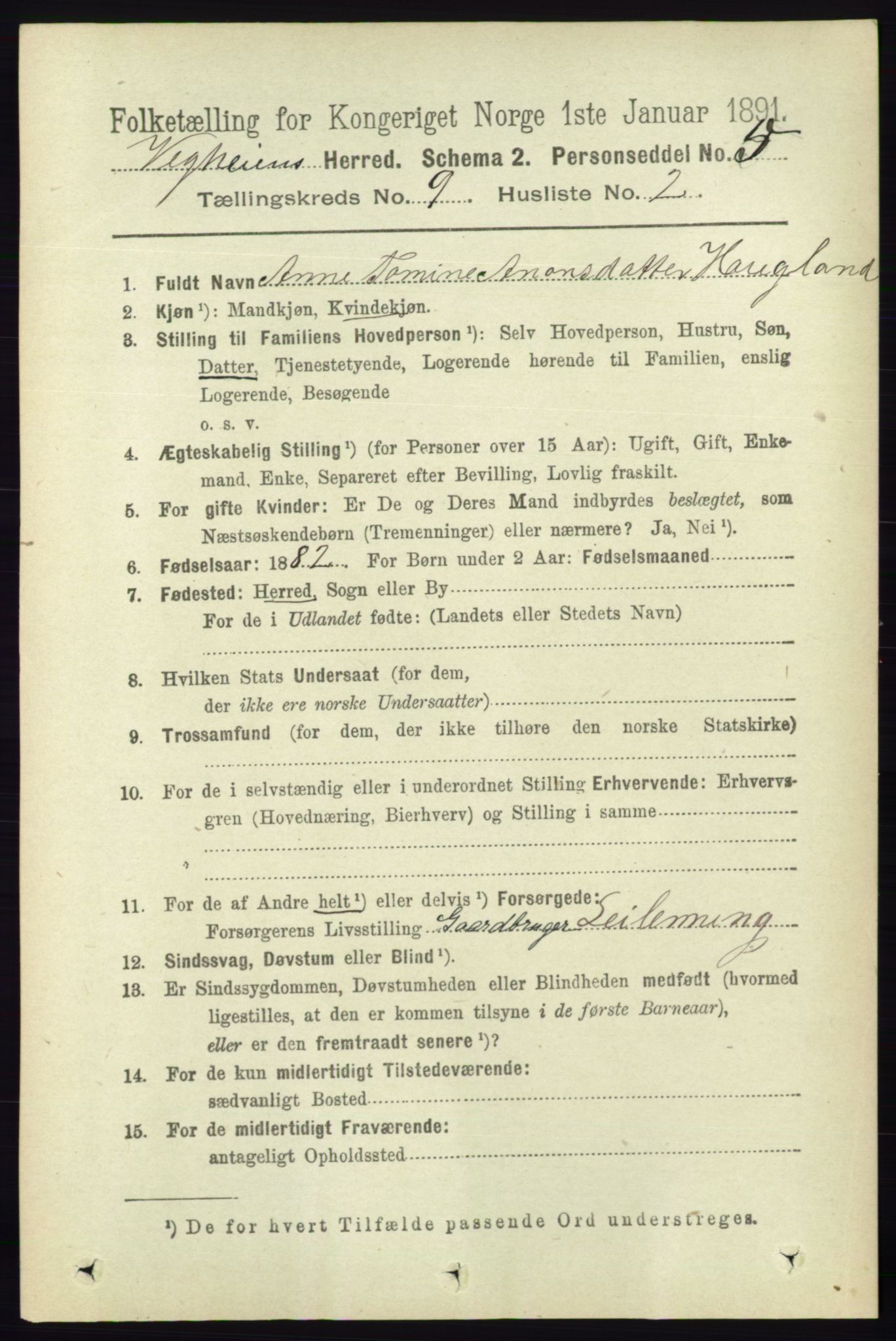 RA, 1891 census for 0912 Vegårshei, 1891, p. 1743