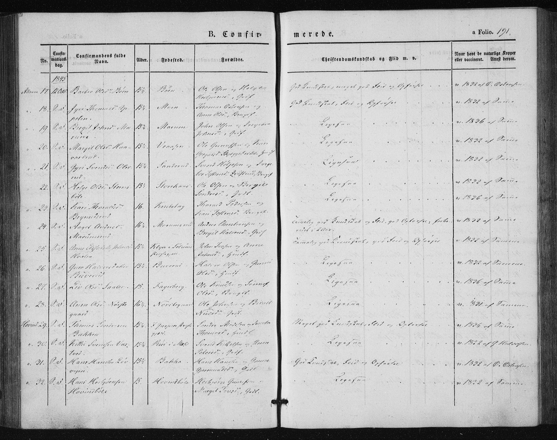 Tinn kirkebøker, AV/SAKO-A-308/F/Fa/L0005: Parish register (official) no. I 5, 1844-1856, p. 191