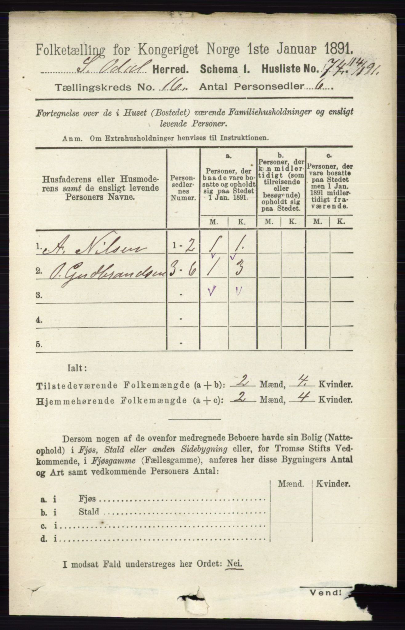 RA, 1891 census for 0419 Sør-Odal, 1891, p. 7267