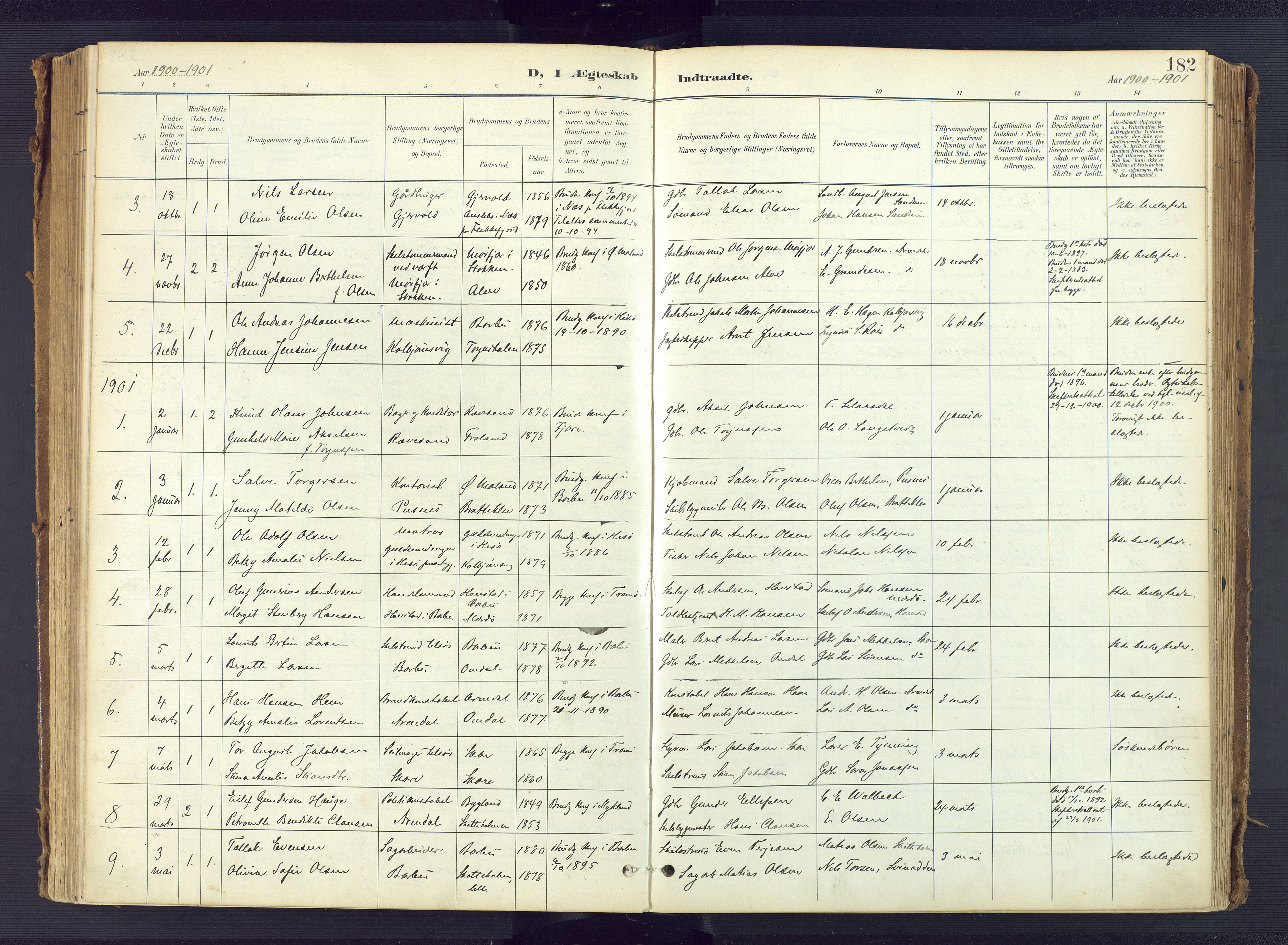 Tromøy sokneprestkontor, AV/SAK-1111-0041/F/Fa/L0010: Parish register (official) no. A 10, 1896-1912, p. 182