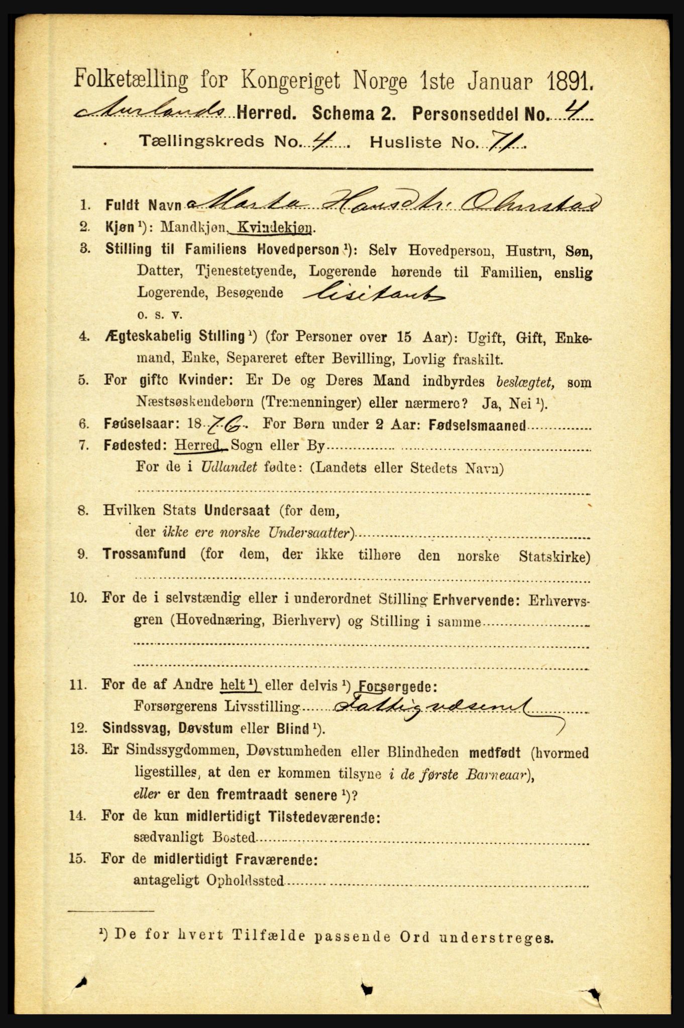 RA, 1891 census for 1421 Aurland, 1891, p. 1705