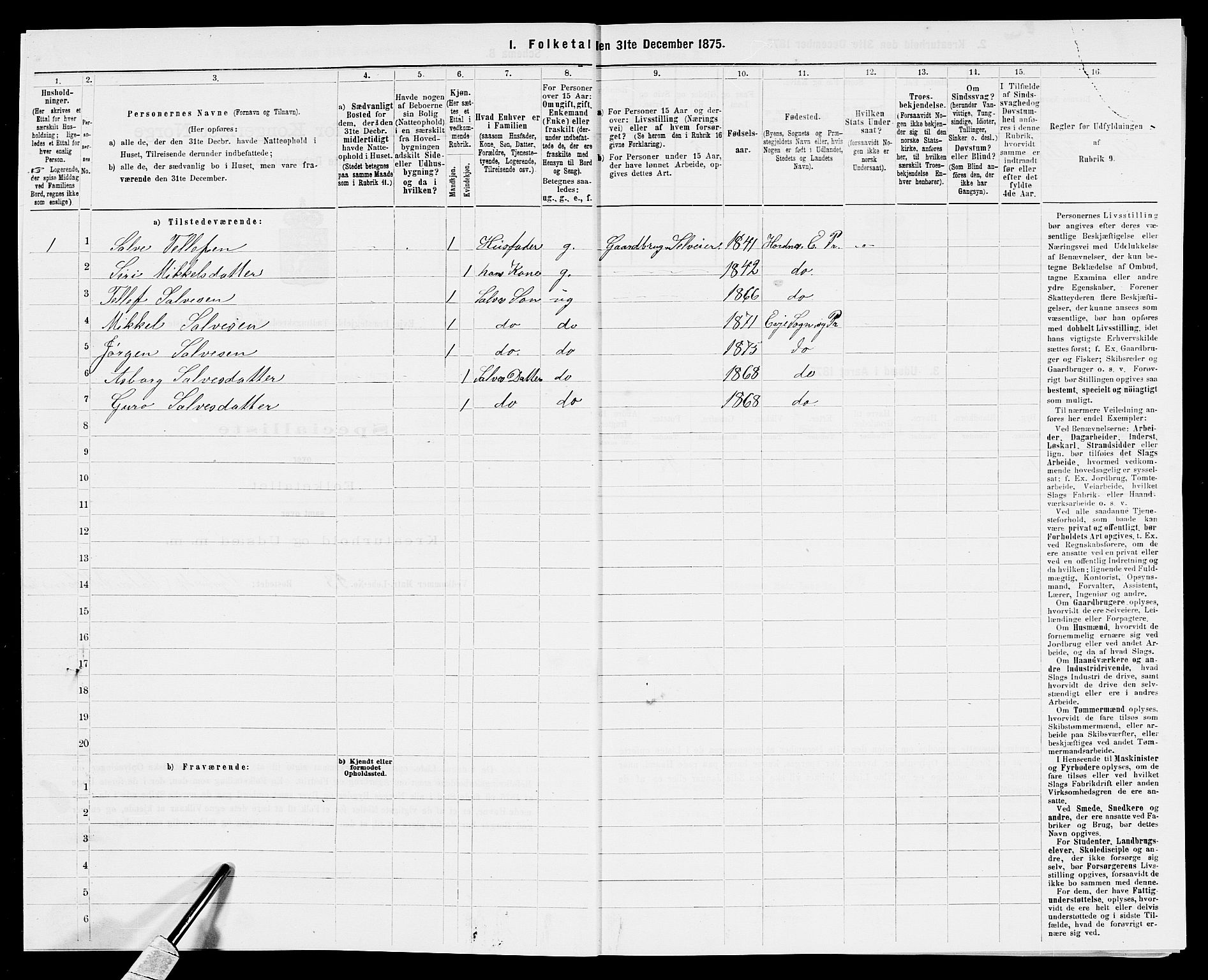 SAK, 1875 census for 0934P Evje, 1875, p. 190