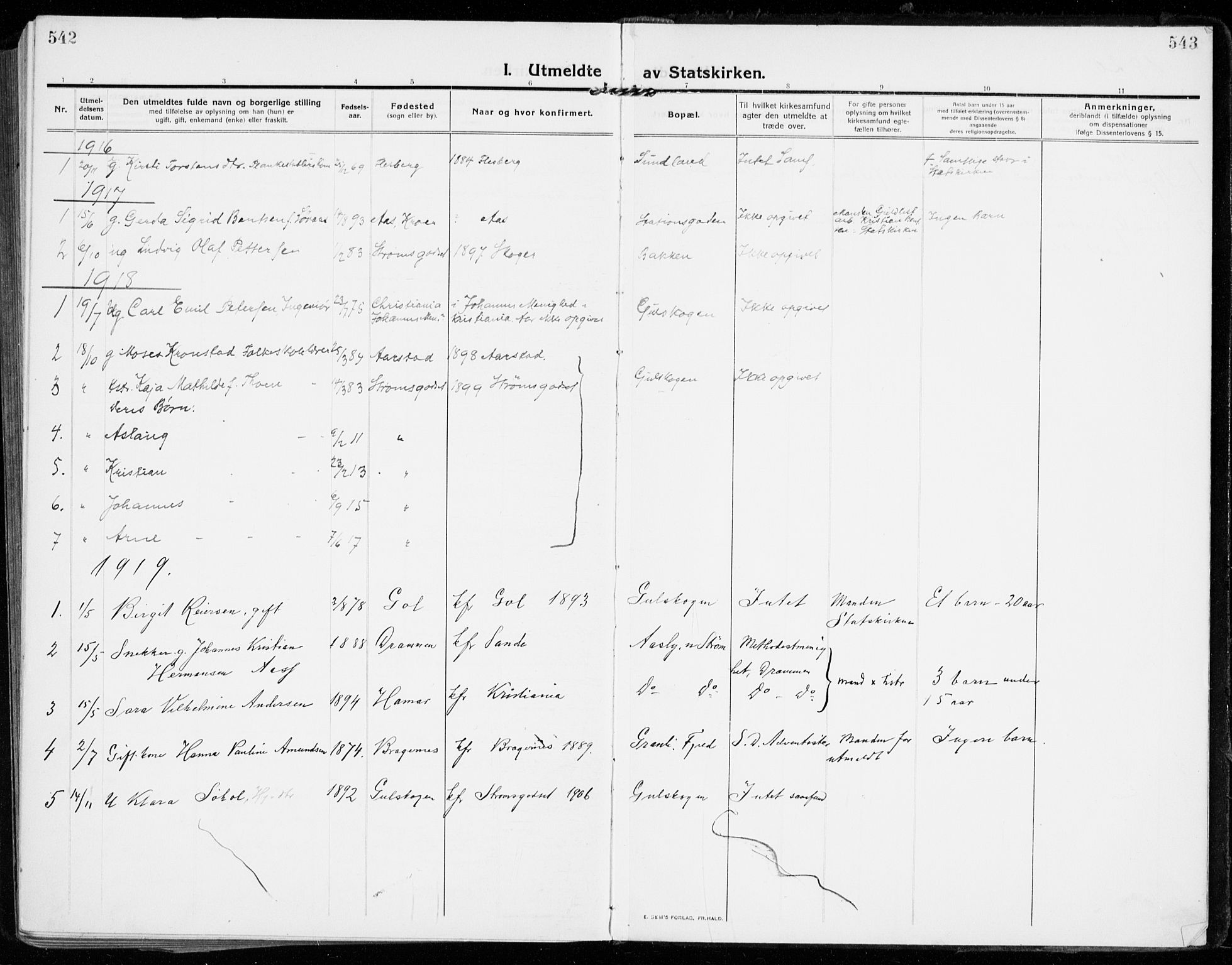 Strømsgodset kirkebøker, SAKO/A-324/F/Fa/L0002: Parish register (official) no. 2, 1910-1920, p. 542-543