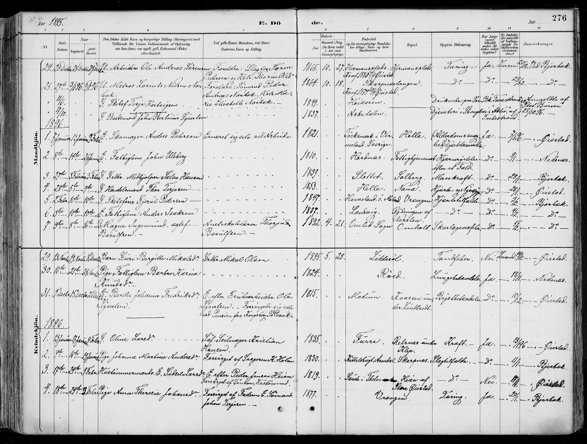 Øyestad sokneprestkontor, SAK/1111-0049/F/Fa/L0017: Parish register (official) no. A 17, 1887-1896, p. 276