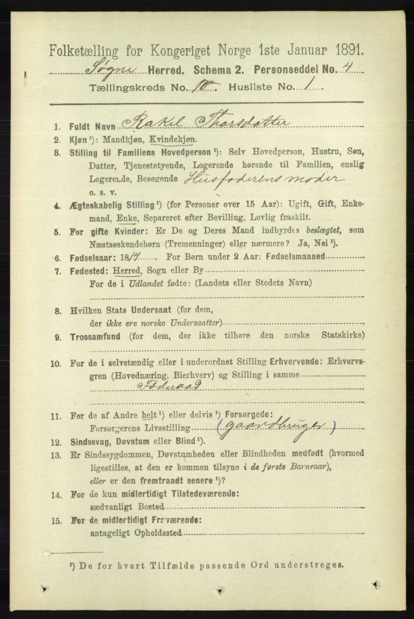 RA, 1891 census for 1018 Søgne, 1891, p. 2713