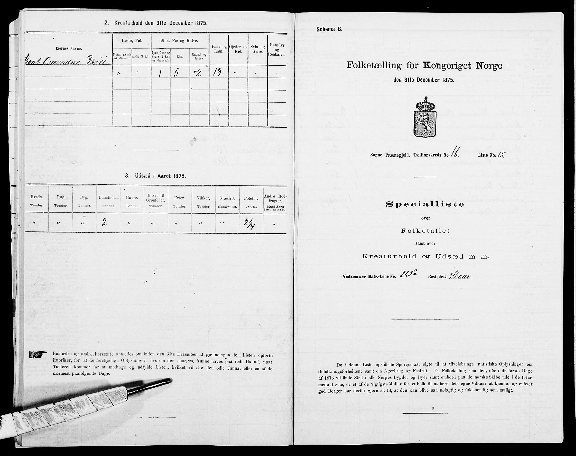 SAK, 1875 census for 1018P Søgne, 1875, p. 1337