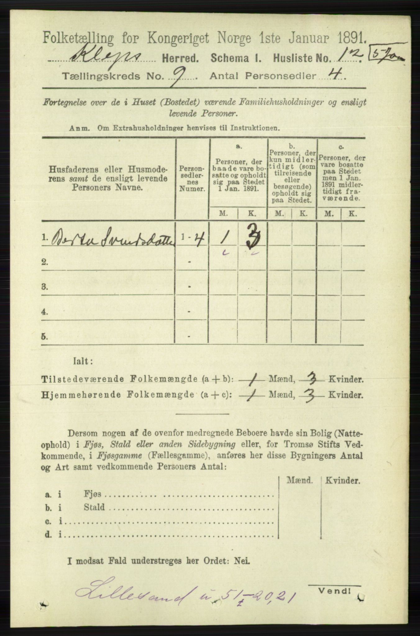 RA, 1891 census for 1120 Klepp, 1891, p. 2720