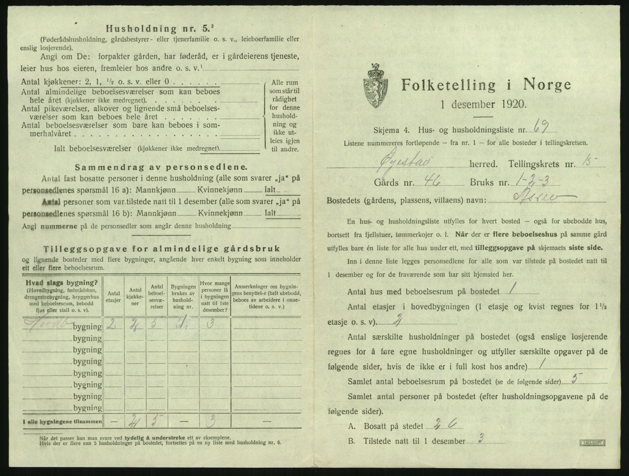 SAK, 1920 census for Øyestad, 1920, p. 1852