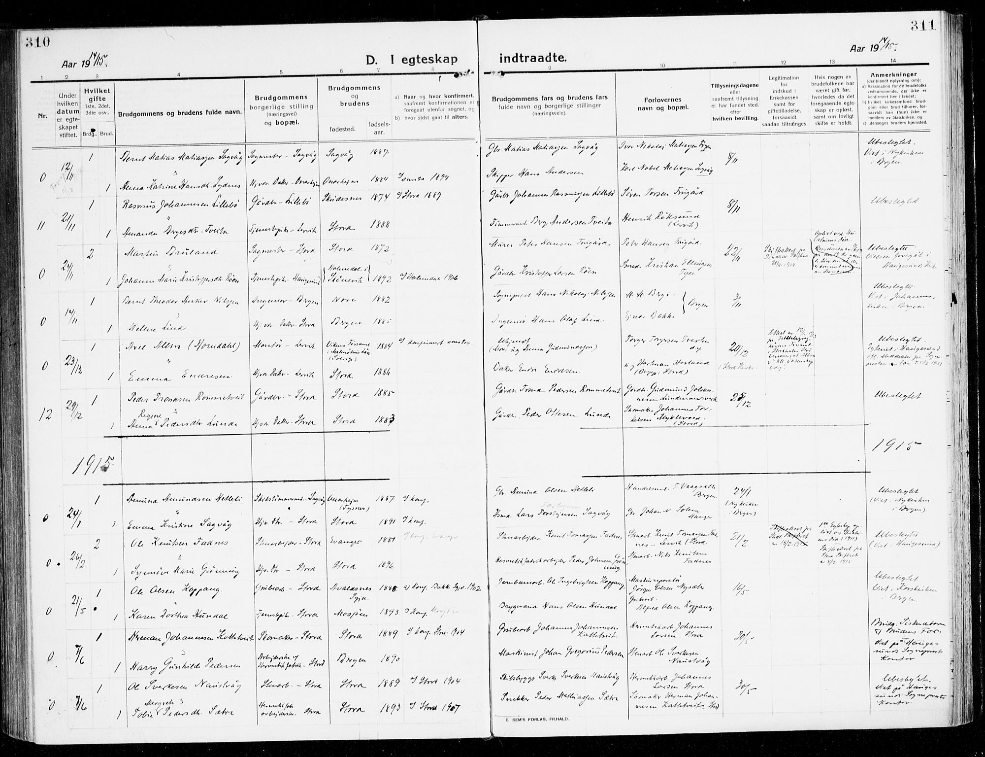 Stord sokneprestembete, AV/SAB-A-78201/H/Haa: Parish register (official) no. B 3, 1913-1925, p. 310-311