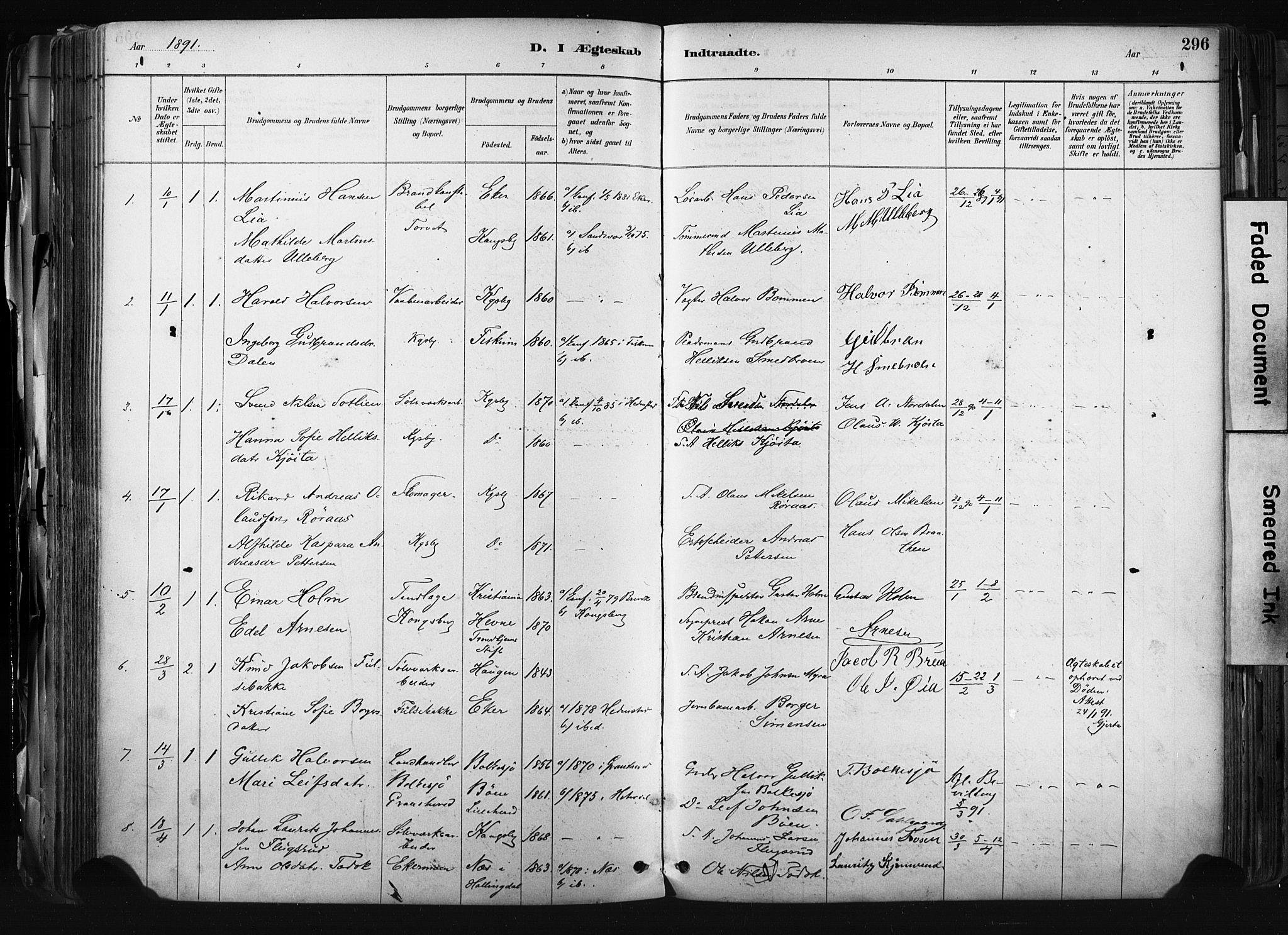 Kongsberg kirkebøker, AV/SAKO-A-22/F/Fb/L0002: Parish register (official) no. II 2, 1886-1896, p. 296