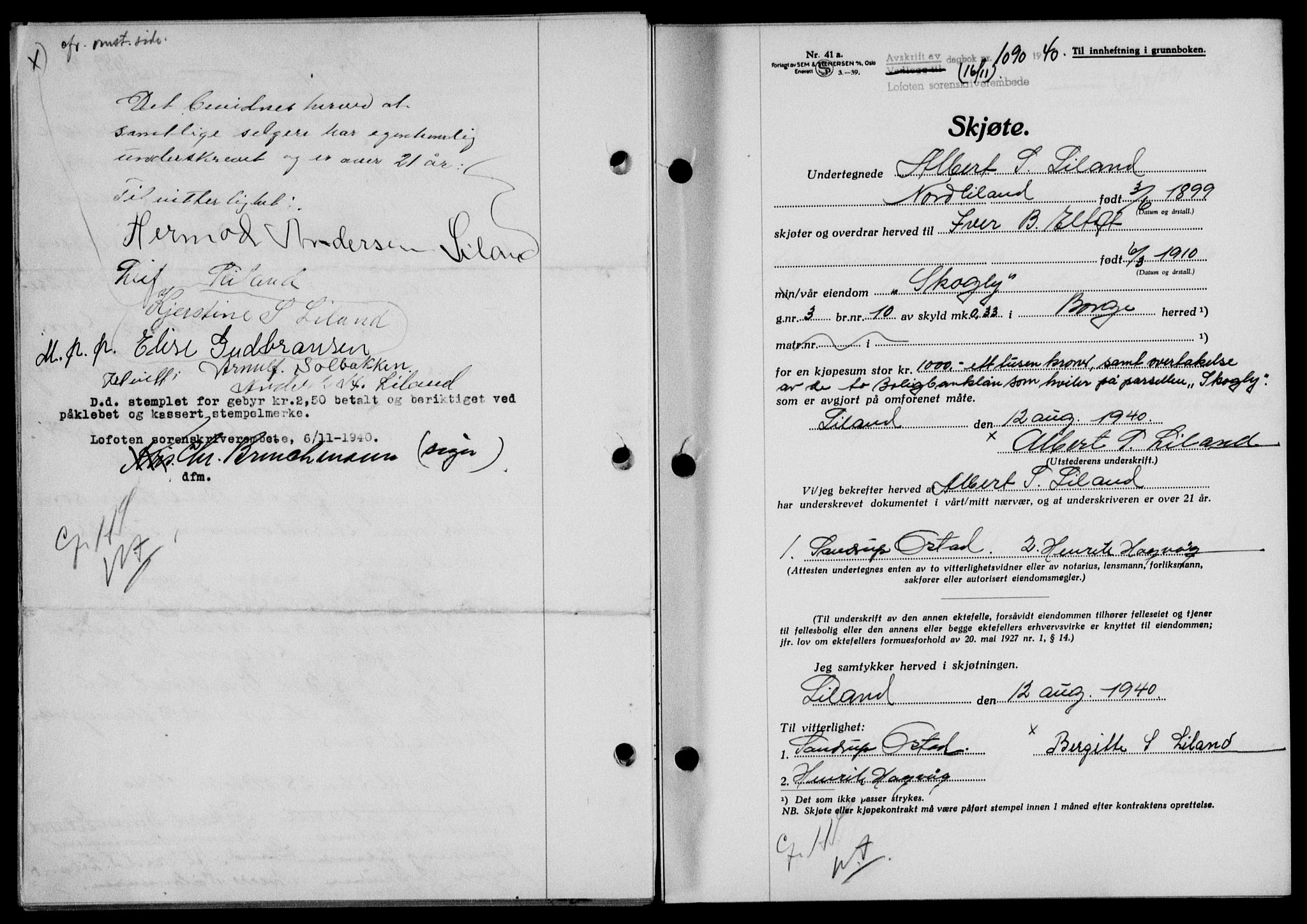 Lofoten sorenskriveri, SAT/A-0017/1/2/2C/L0008a: Mortgage book no. 8a, 1940-1941, Diary no: : 1090/1940